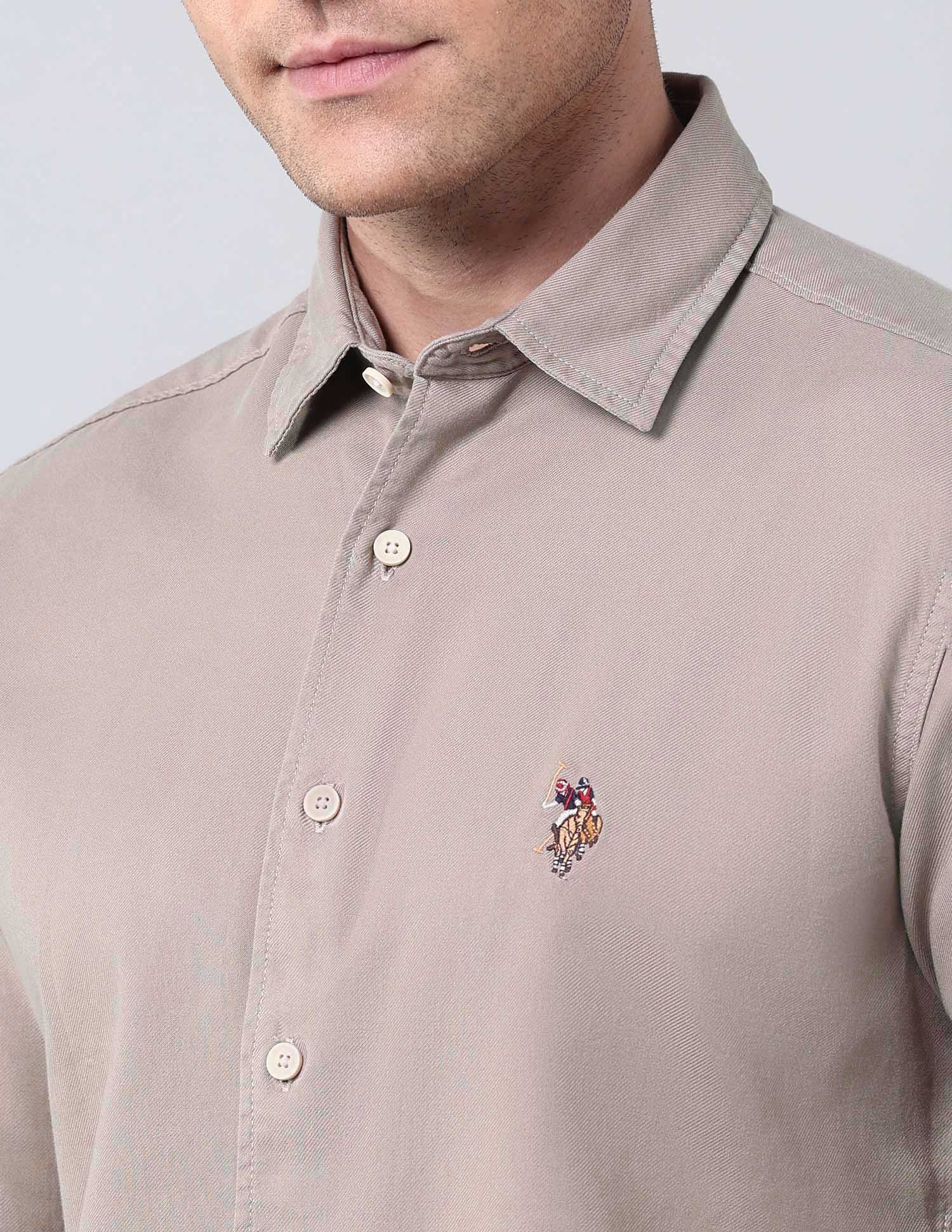 Solid Pure Cotton Twill Shirt Khaki - U.S. Polo Assn. India | Large