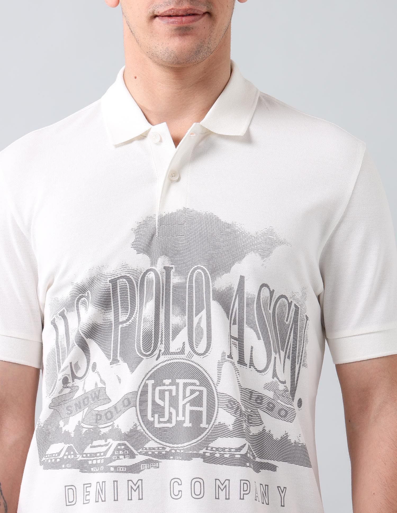 Muscle Fit Brand Printed Polo Shirt Ivory - U.S. Polo Assn. India | Large