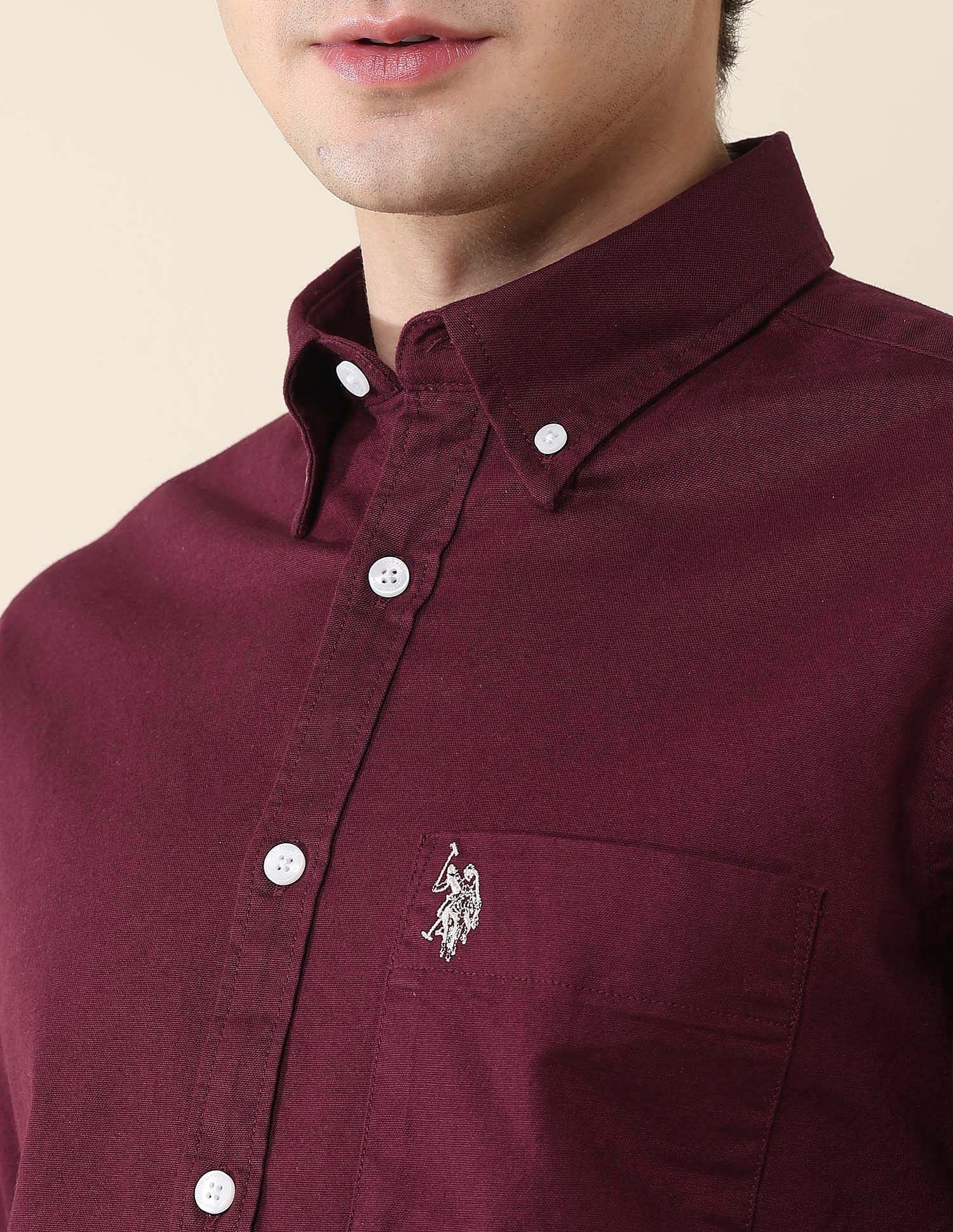 Solid Oxford Stretch Button Down Shirt Maroon - U.S. Polo Assn. India | Large