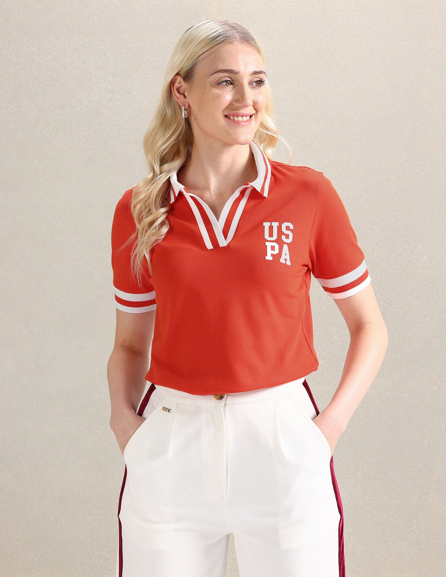 Striped Collar Pique Polo Shirt Orange - U.S. POLO ASSN. | Large