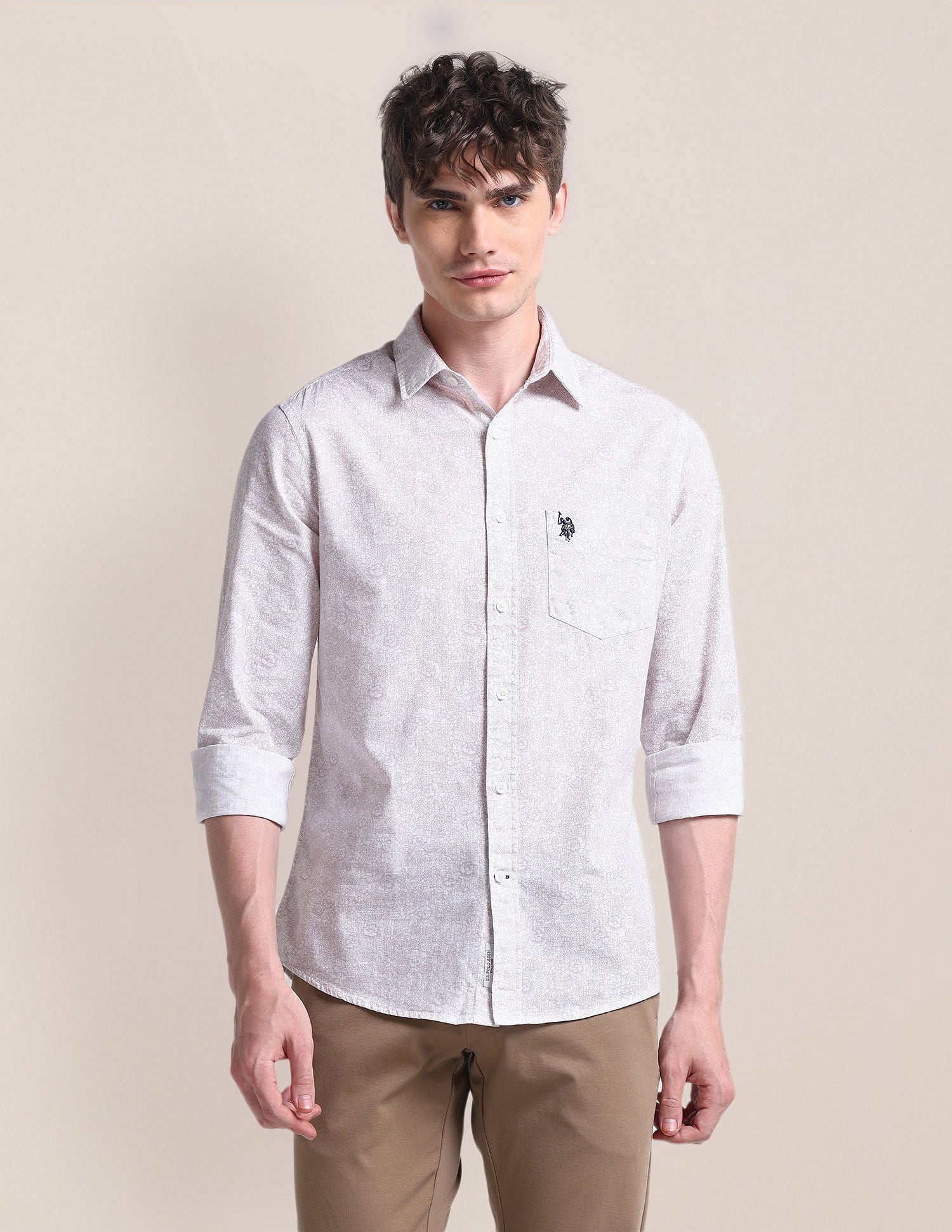 Cutaway Collar Floral Shirt Beige - U.S. Polo Assn. India | Large