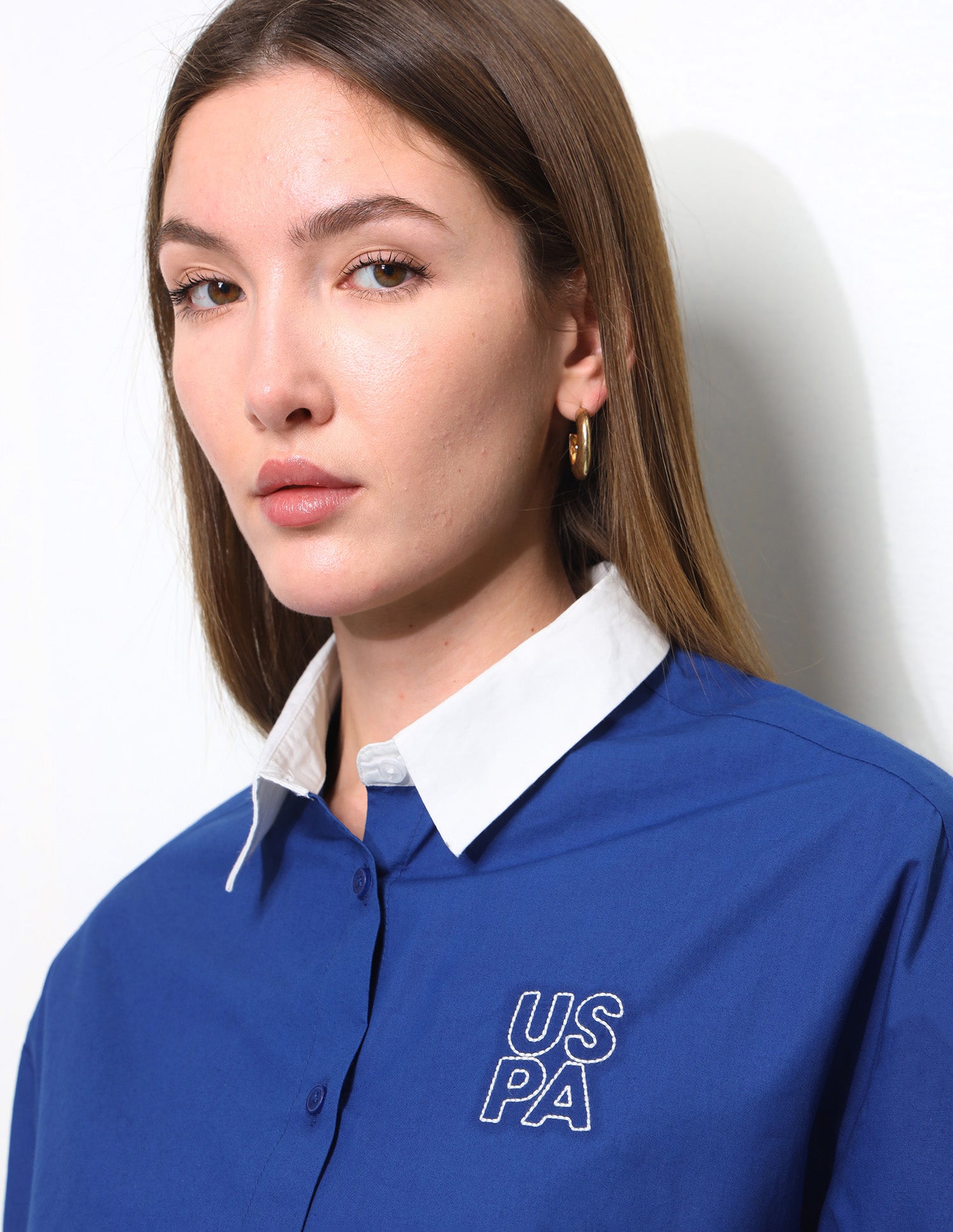 Boxy Fit Contrast Collar Cropped Shirt Blue - U.S. Polo Assn. India | Large