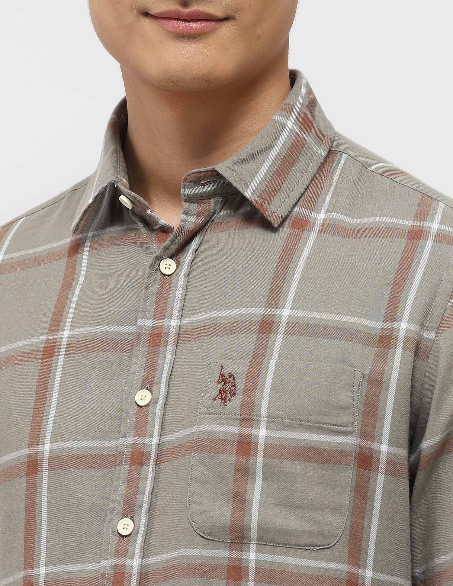 Windowpane Checked Twill Shirt Olive - U.S. Polo Assn. India | Large