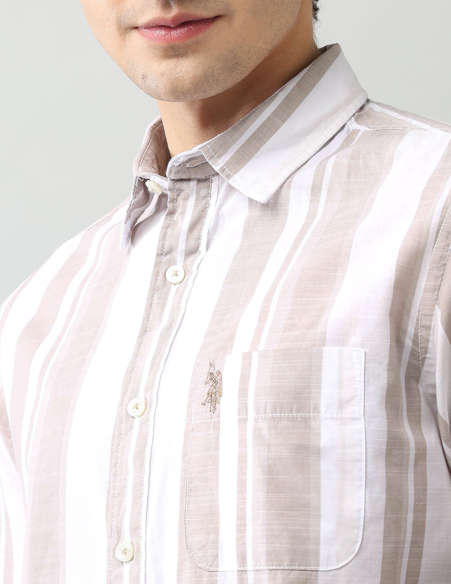 Vertical Striped Cotton Poplin Shirt Khaki - U.S. Polo Assn. India | Large