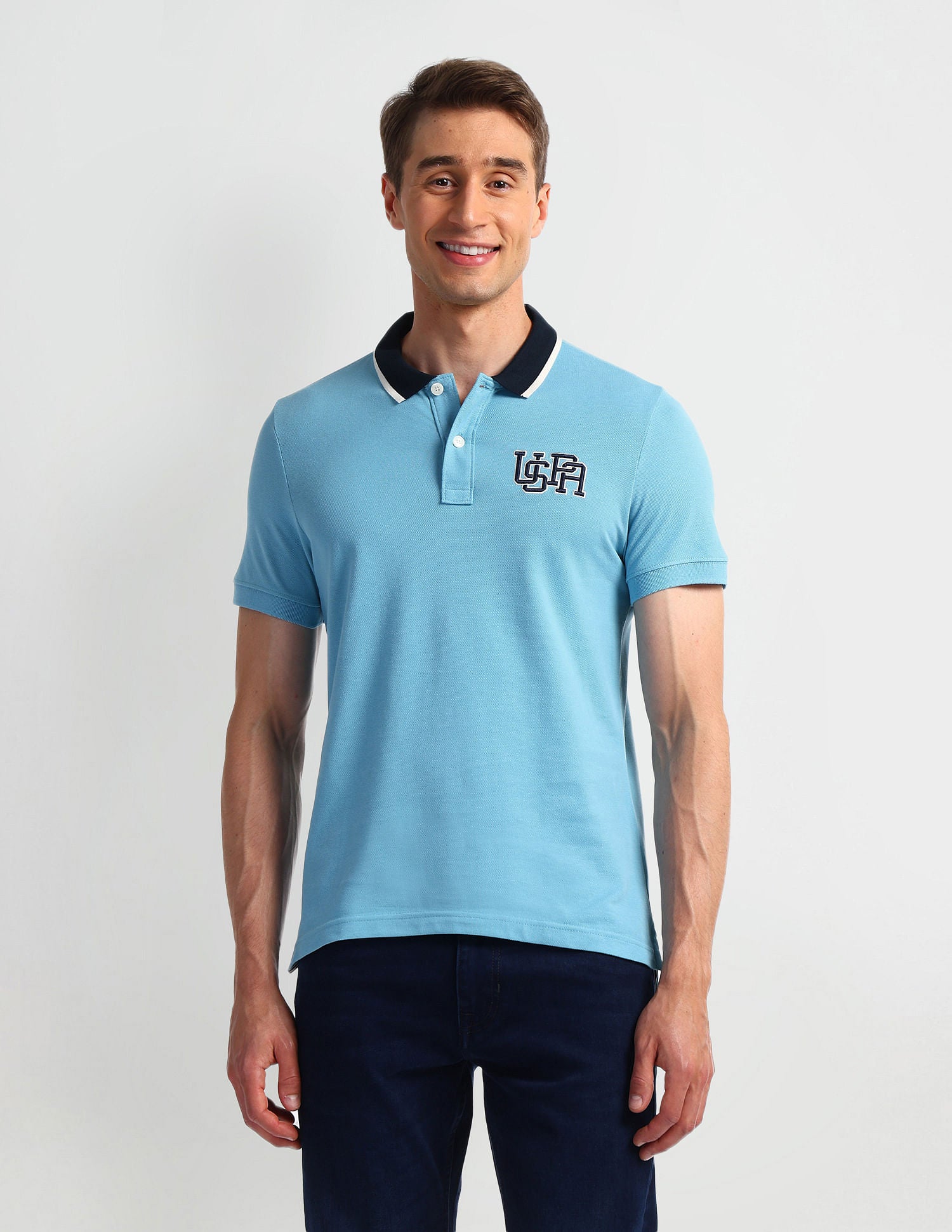 Muscle Fit Solid Polo Shirt Light-Blue - U.S. Polo Assn. India | Large