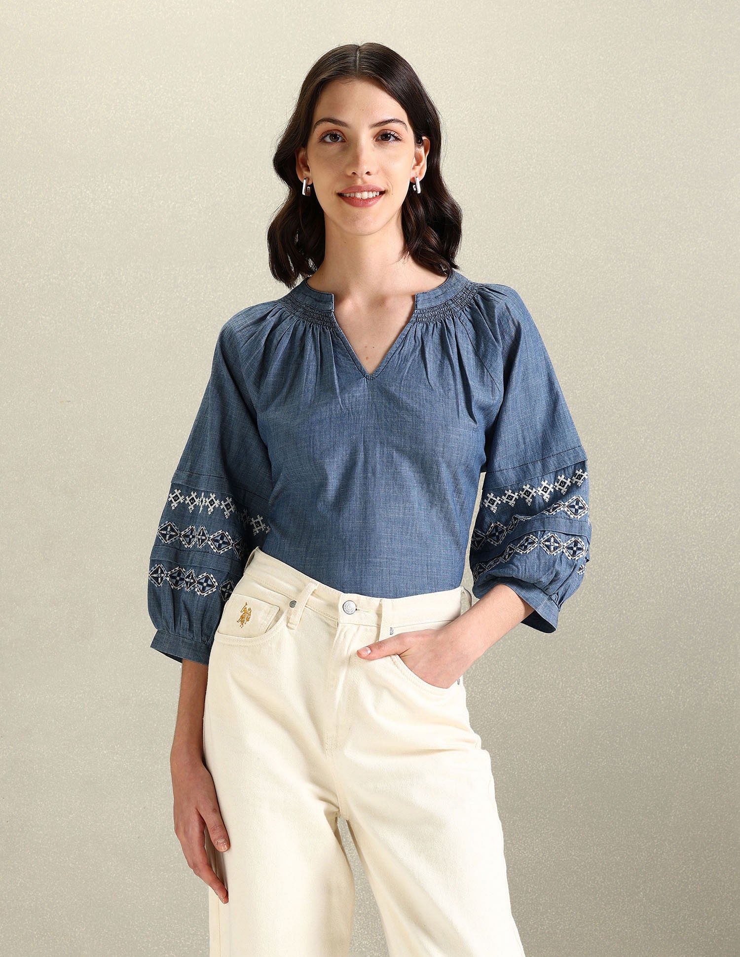 Chambray Embroidered Top Blue - U.S. Polo Assn. India | Large