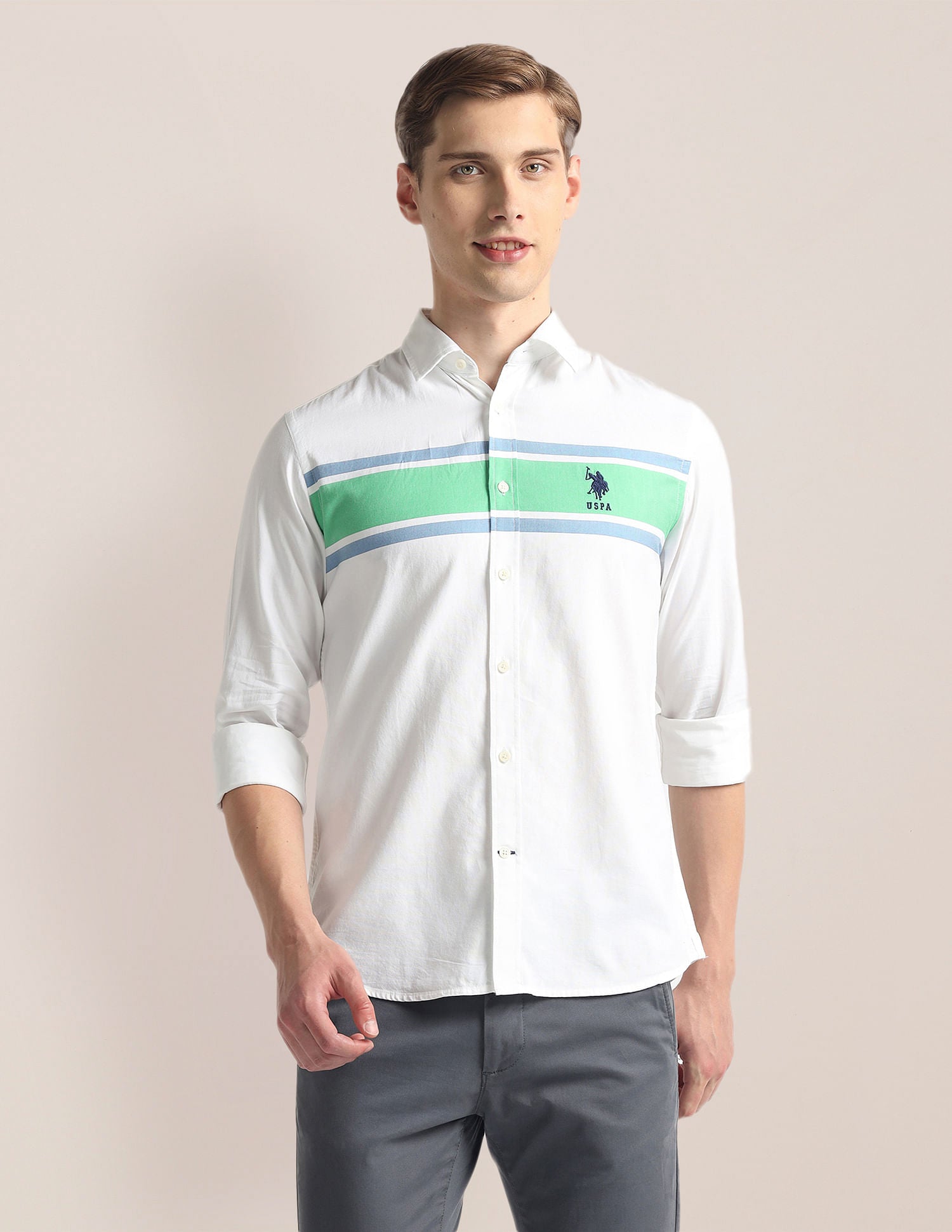 Horizontal Stripe Pinpoint Oxford Shirt White and Light Green - U.S. Polo Assn. India | Large