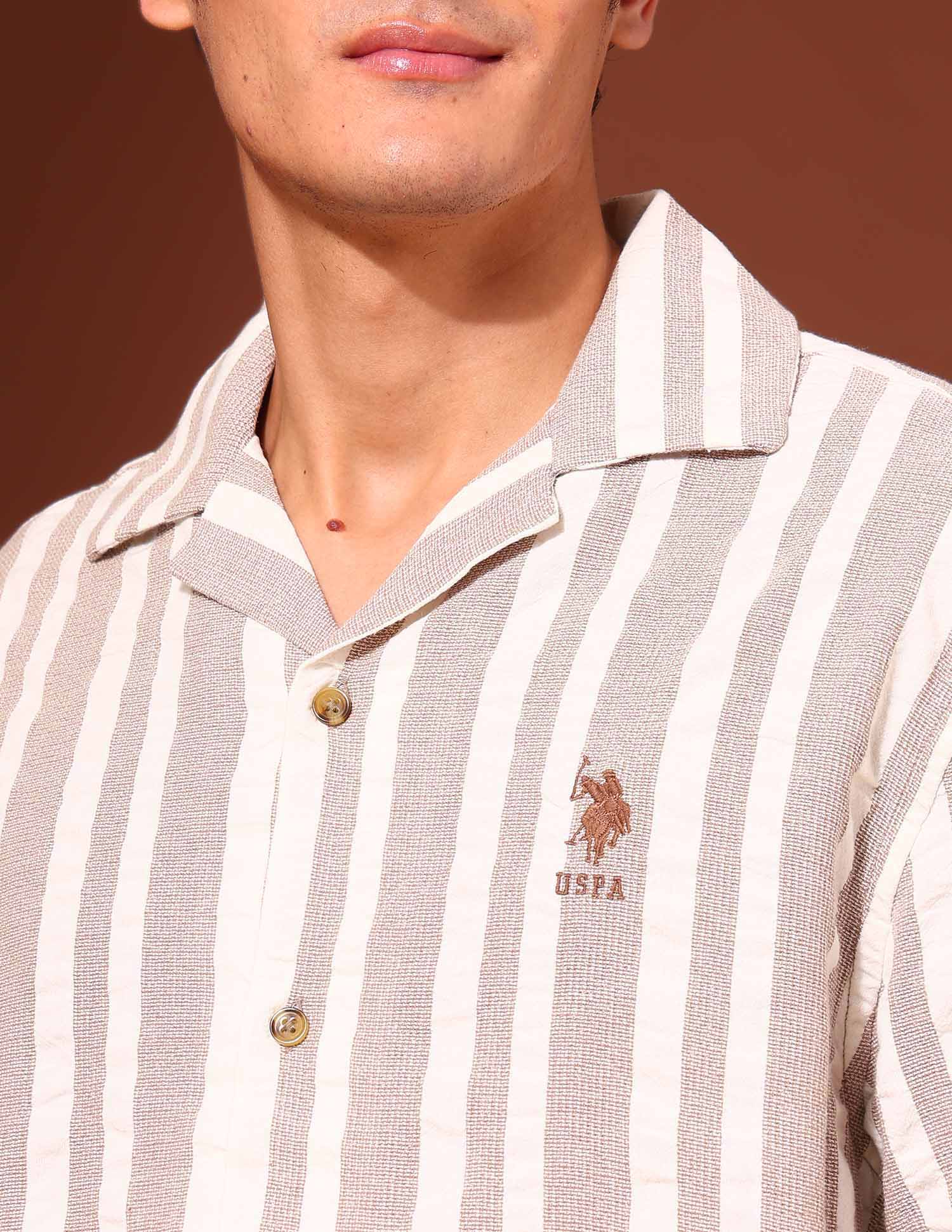 Vertical Striped Pure Cotton Shirt Brown - U.S. Polo Assn. India | Large