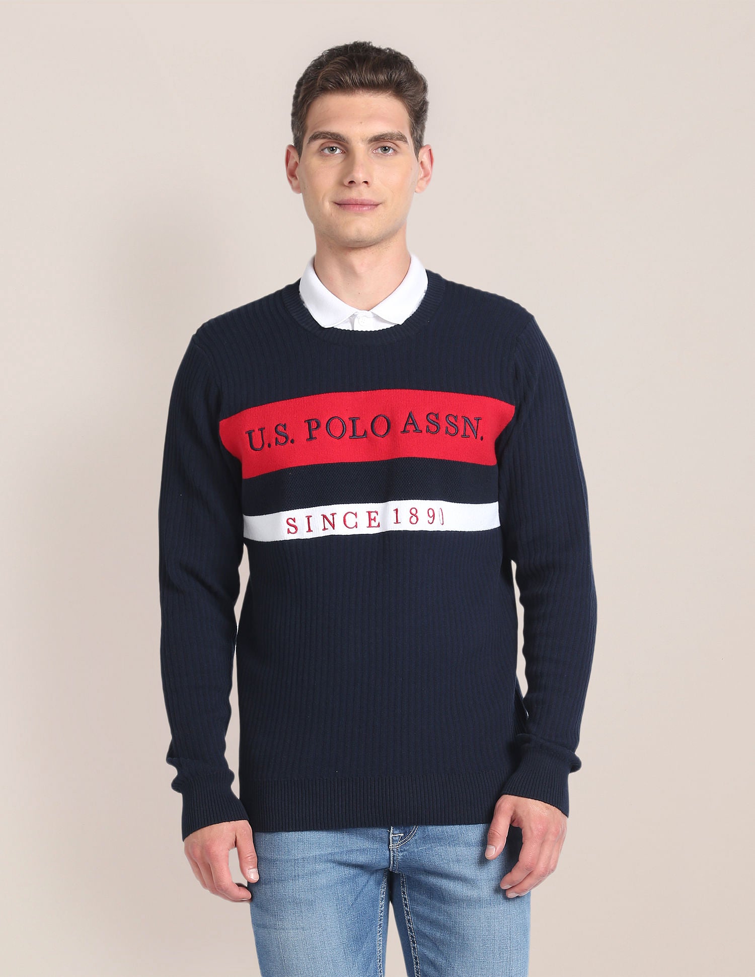 Crew Neck Brand Stripe Sweater Navy - U.S. POLO ASSN. | Large