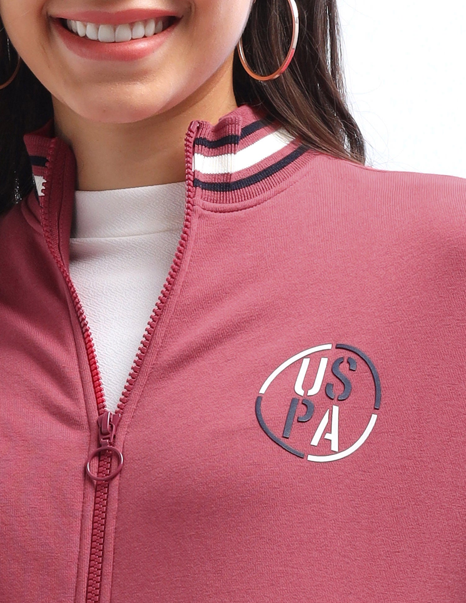 Tipped Collar Zip Up Sweatshirt Pink - U.S. Polo Assn. India | Large