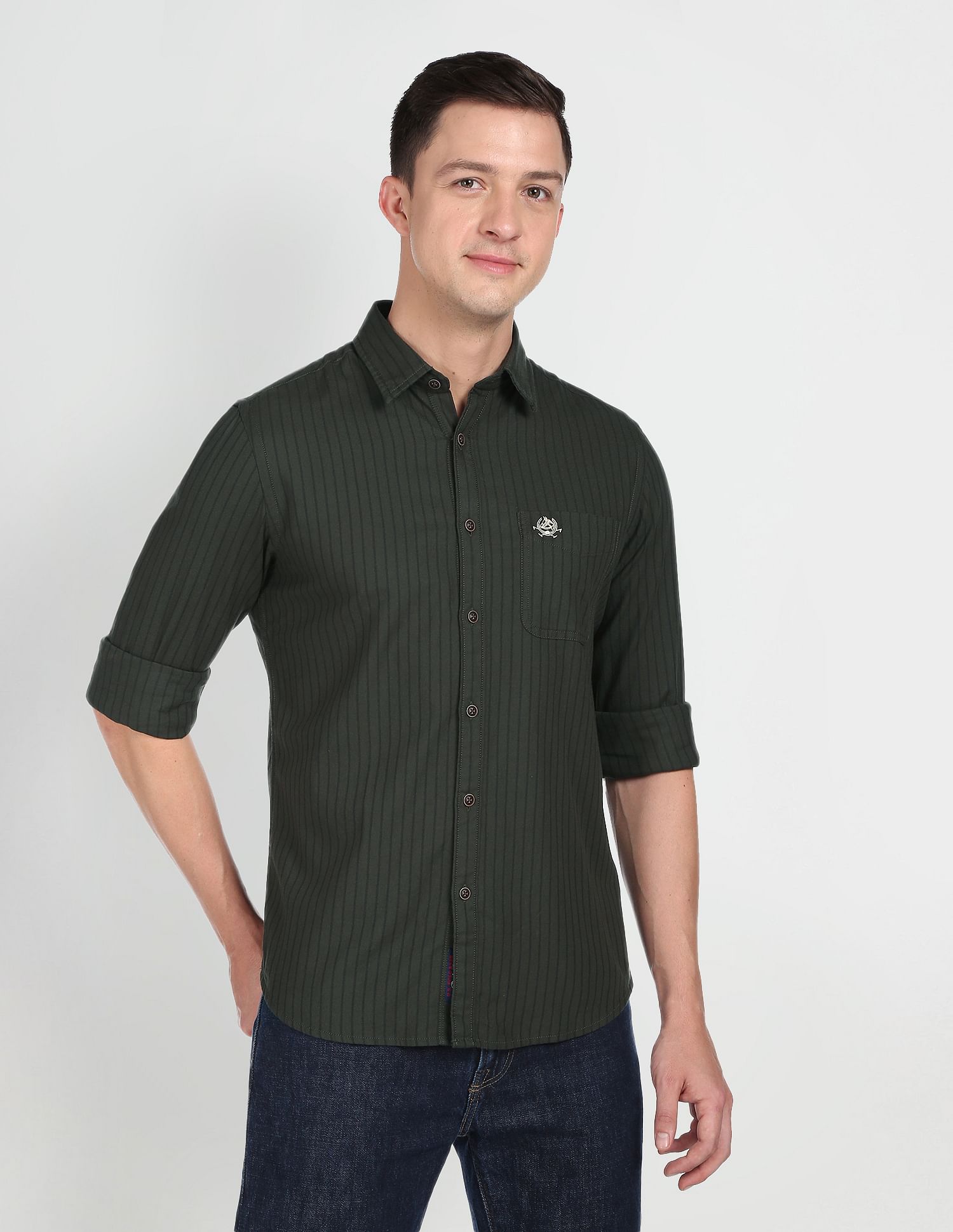 Vertical Stripe Cotton Casual Shirt Olive - U.S. POLO ASSN. | Large