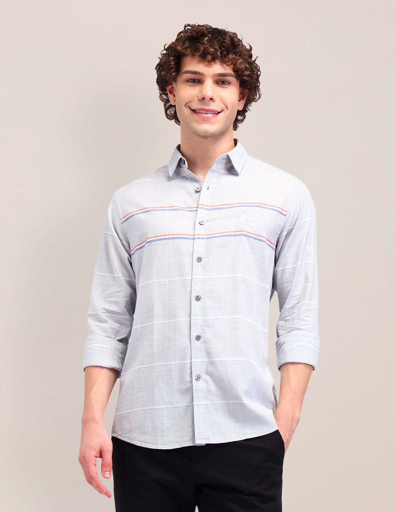 Striped Dobby Tailored Fit Shirt Grey - U.S. Polo Assn. India | Large