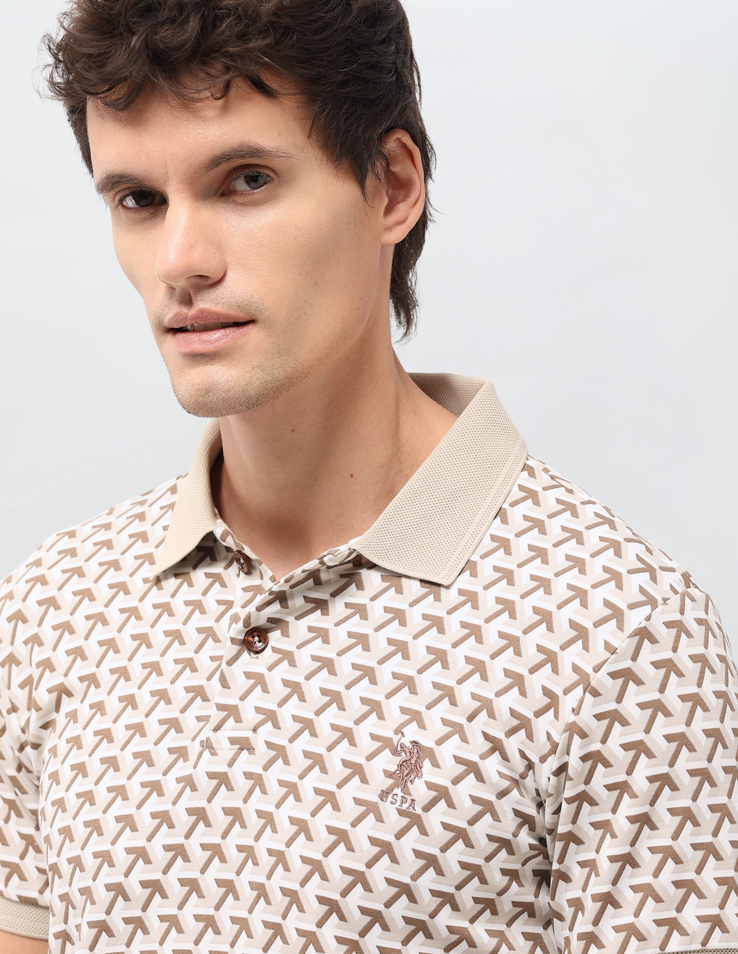 Geometric Printed Slim Fit Polo Shirt Beige - U.S. Polo Assn. India | Large