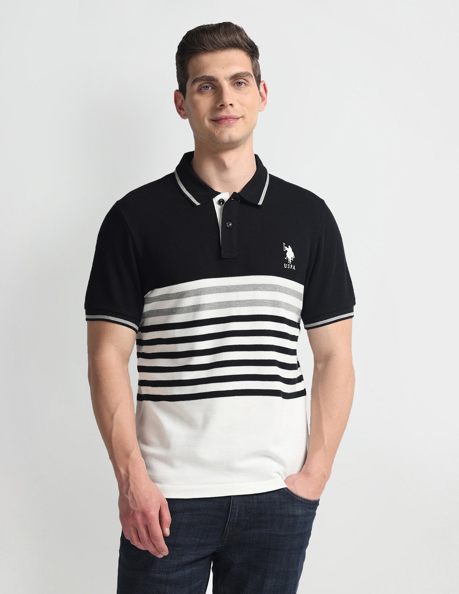 Horizontal Stripe Pique Polo Shirt Black - U.S. POLO ASSN. | Large