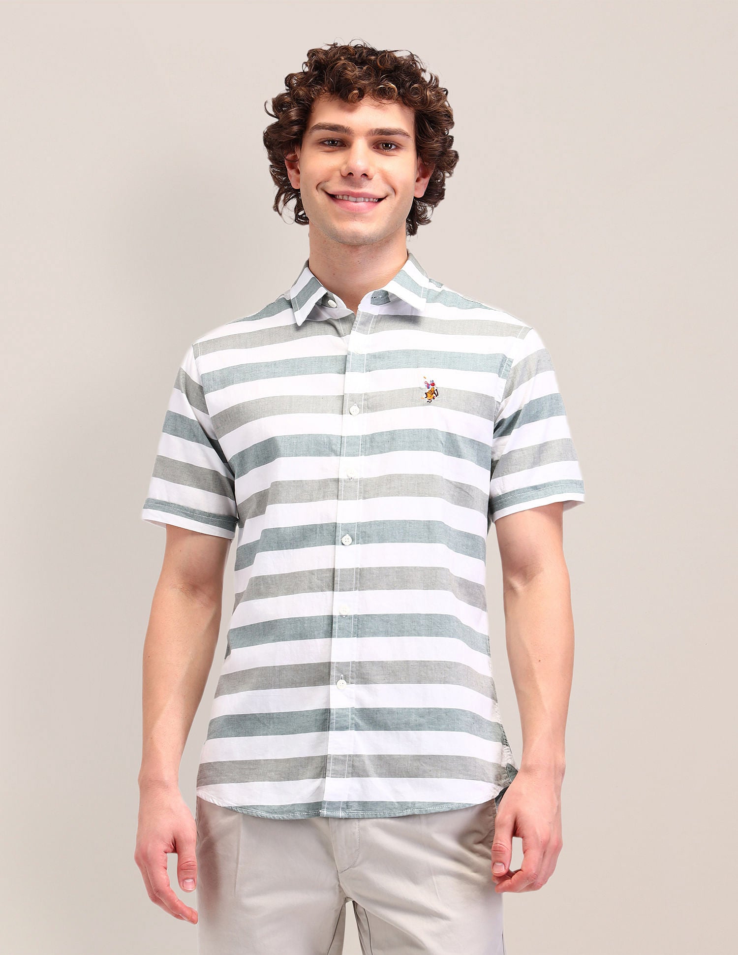 Striped Twill Tailored Fit Shirt Green - U.S. Polo Assn. India | Large