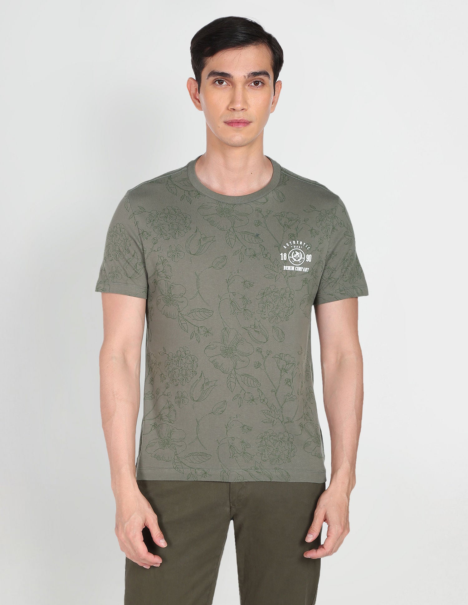 Crew Neck Floral Print T-Shirt Olive - U.S. Polo Assn. India | Large