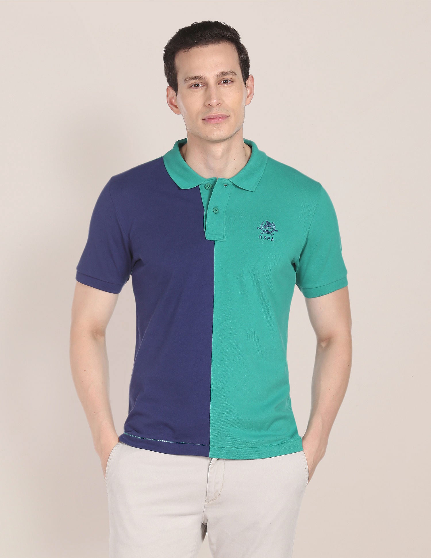 Colour Block Cotton Polo Shirt Green and Dark Blue - U.S. Polo Assn. India | Large