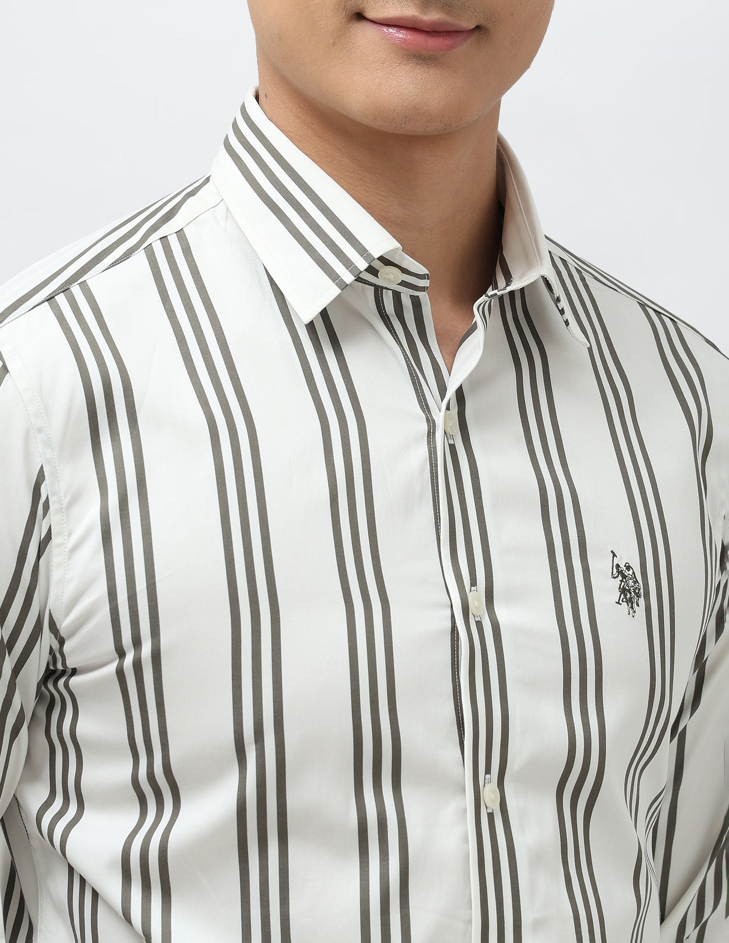 Vertical Striped Pure Cotton Shirt Olive - U.S. POLO ASSN. | Large