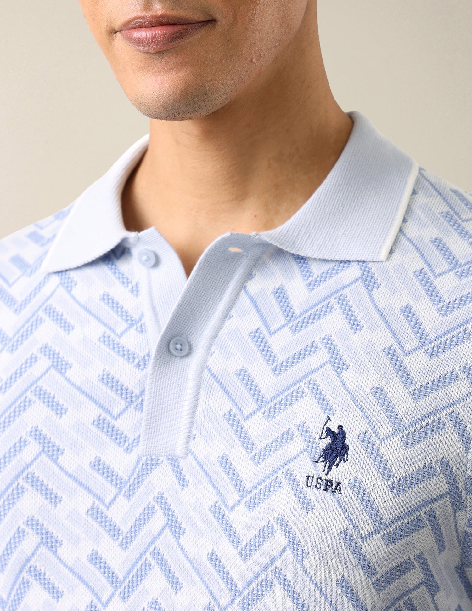 Geometric Patterned Knit Slim Fit Polo Shirt Blue - U.S. Polo Assn. India | Large
