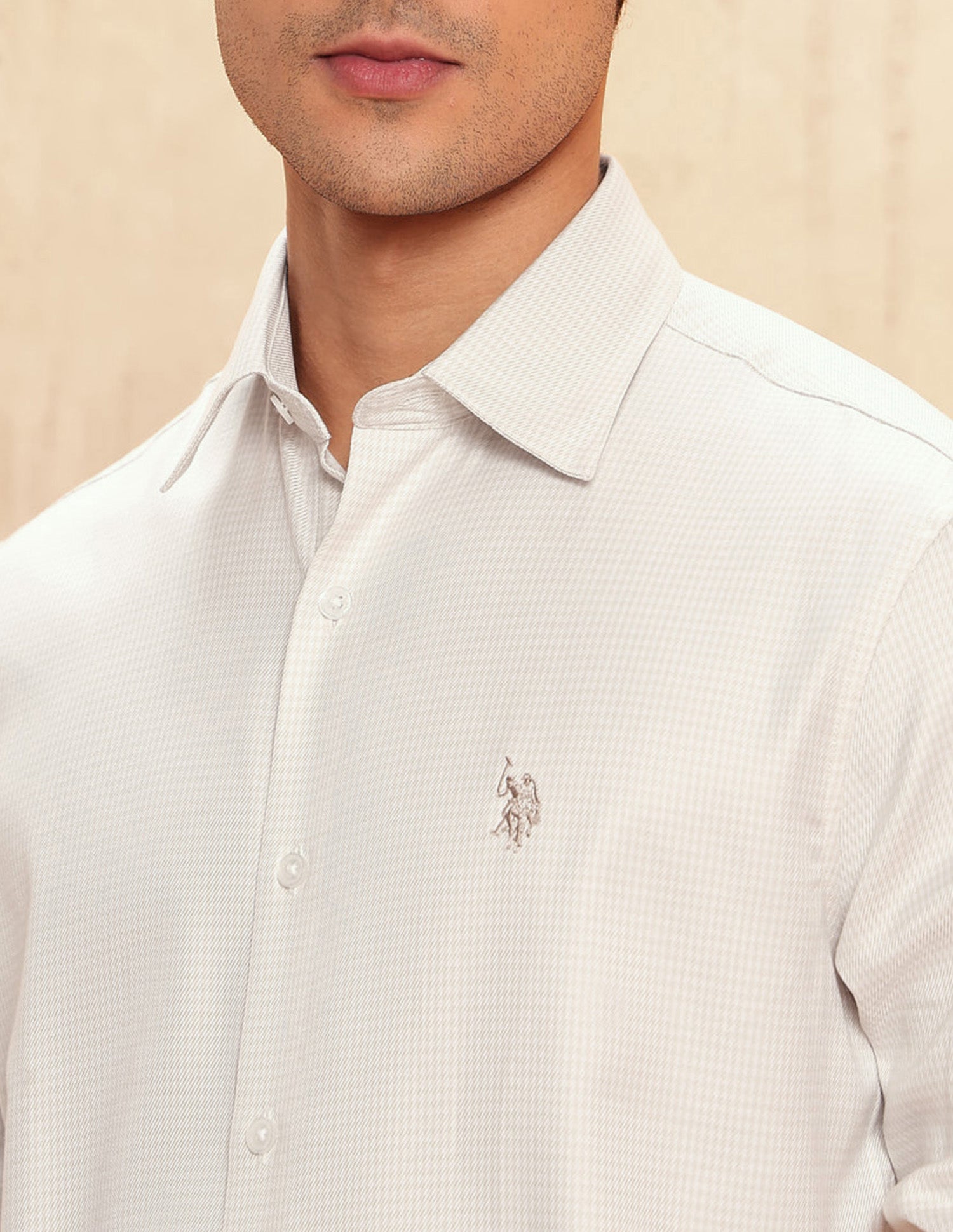 Twill Micro Checked Shirt Beige - U.S. POLO ASSN. | Large