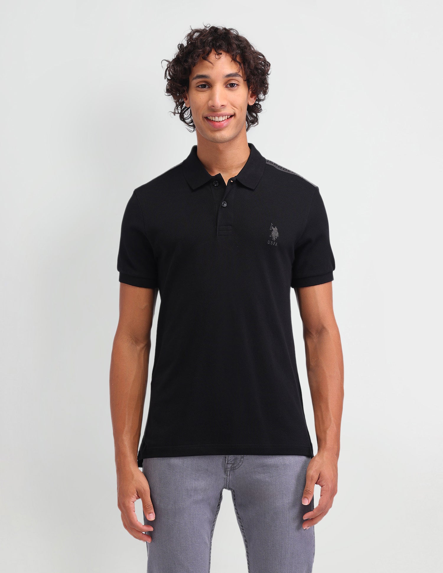 Solid Cotton Muscle Fit Polo Shirt Black - U.S. Polo Assn. India | Large