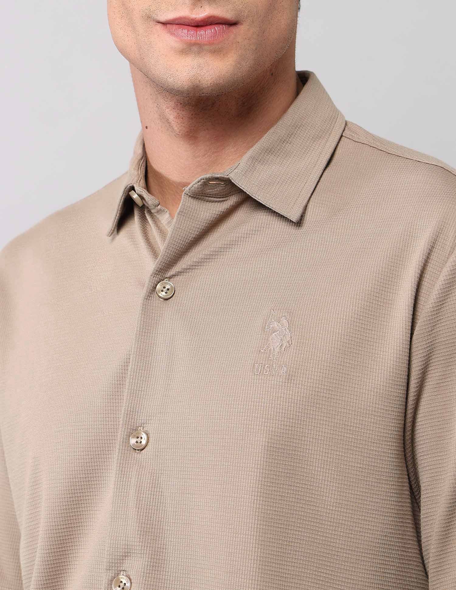 Relaxed Fit Knitted Pure Cotton Shirt Khaki - U.S. Polo Assn. India | Large