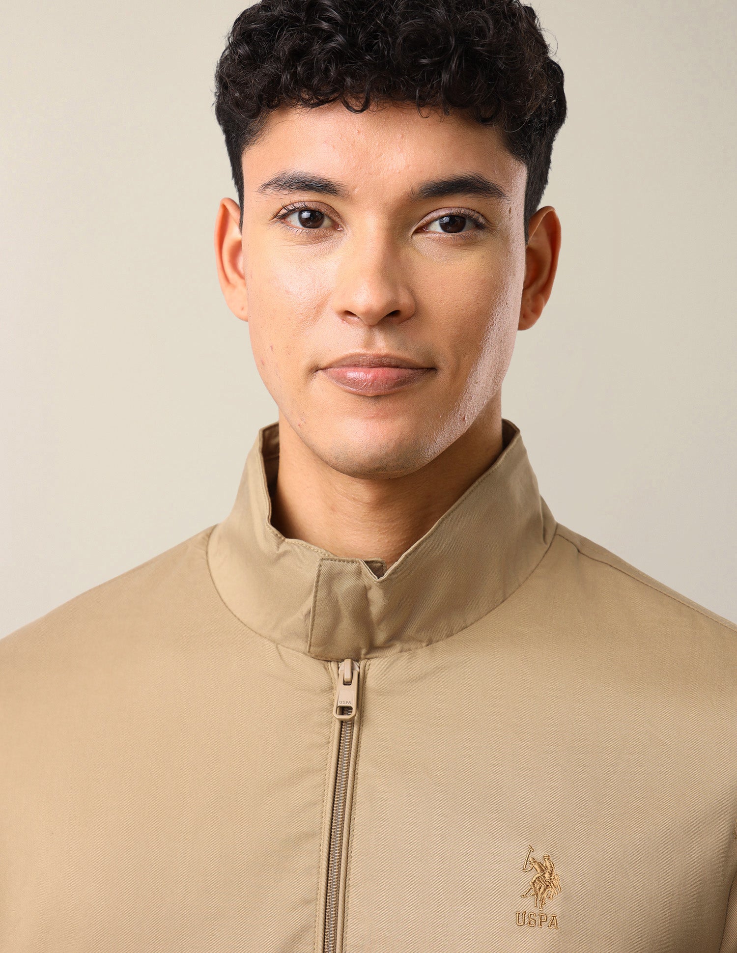 Solid Regular Fit Bomber Jacket Khaki - U.S. Polo Assn. India | Large