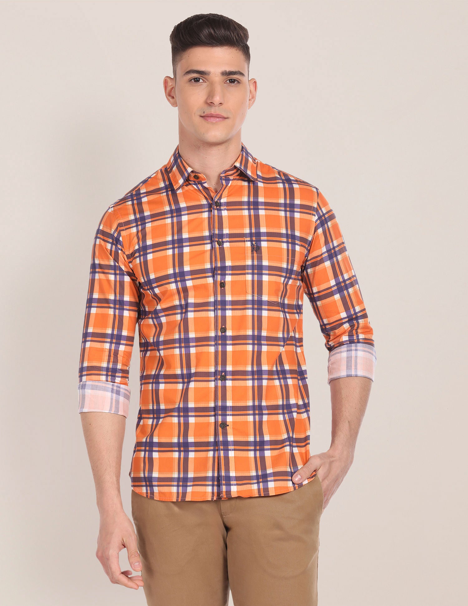 Spread Collar Tartan Check Shirt Orange - U.S. Polo Assn. India | Large