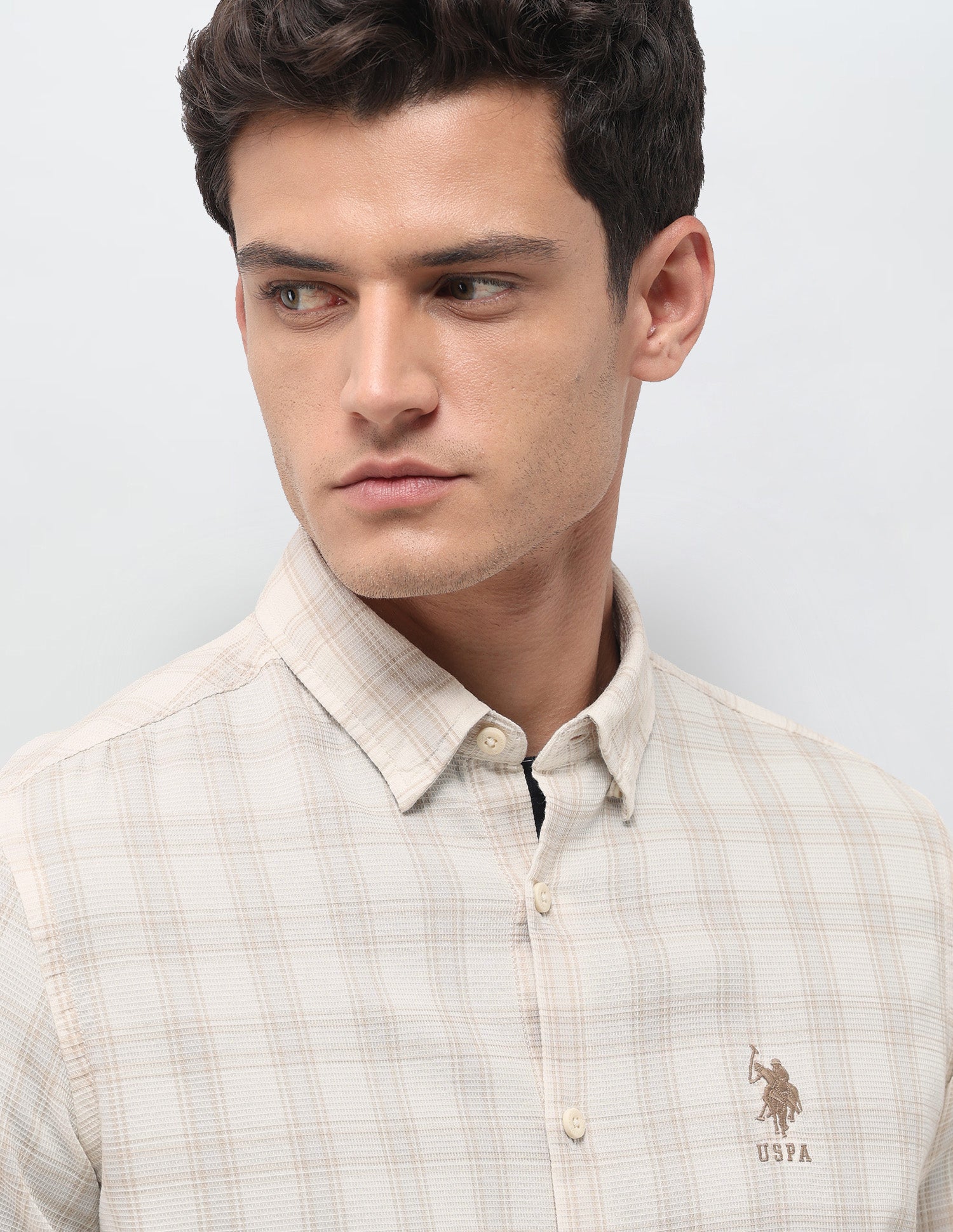 Textured With Tartan Checked Regular Fit Shirt Beige - U.S. Polo Assn. India | Large