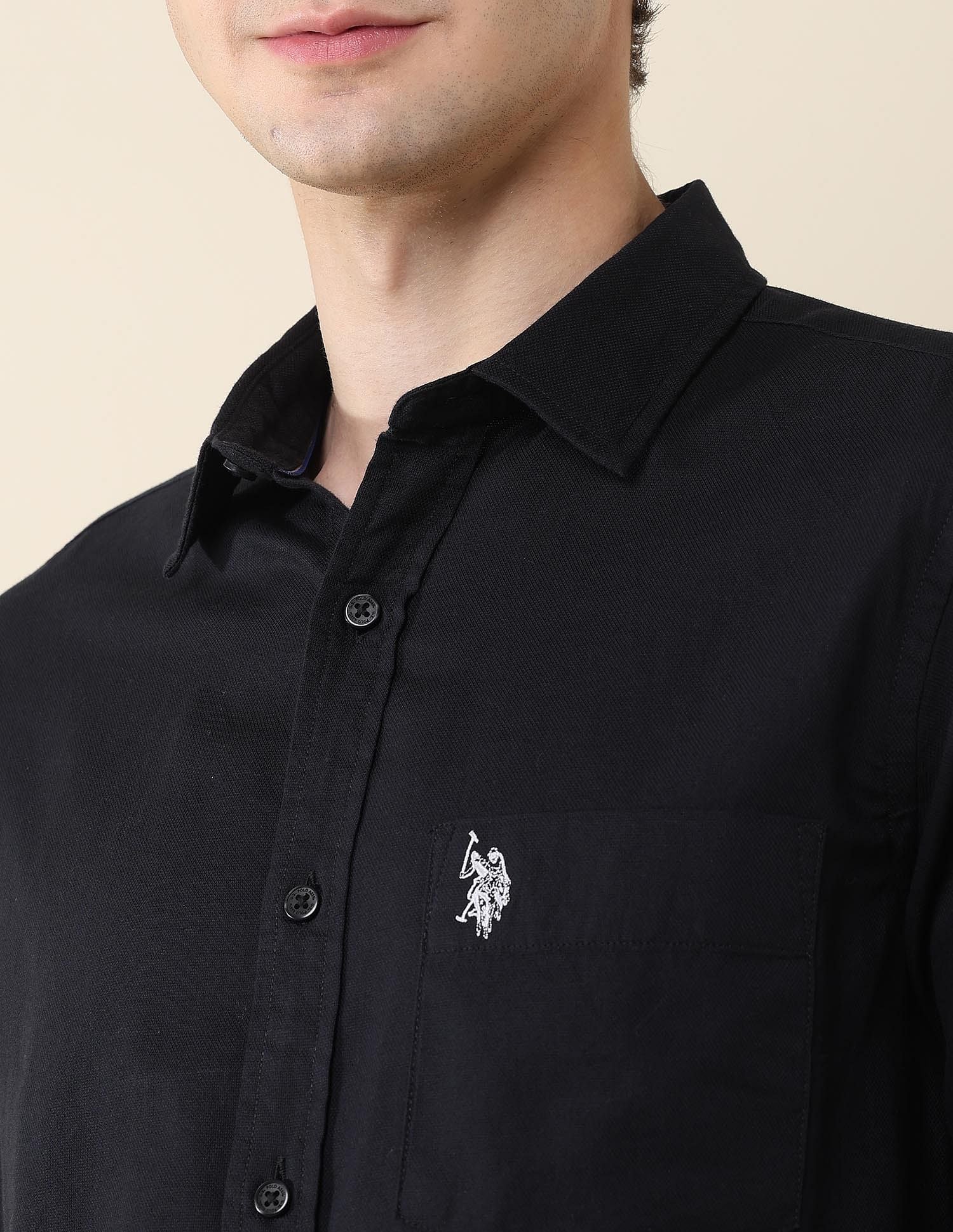Solid Birds Eye Dobby Shirt Black - U.S. Polo Assn. India | Large