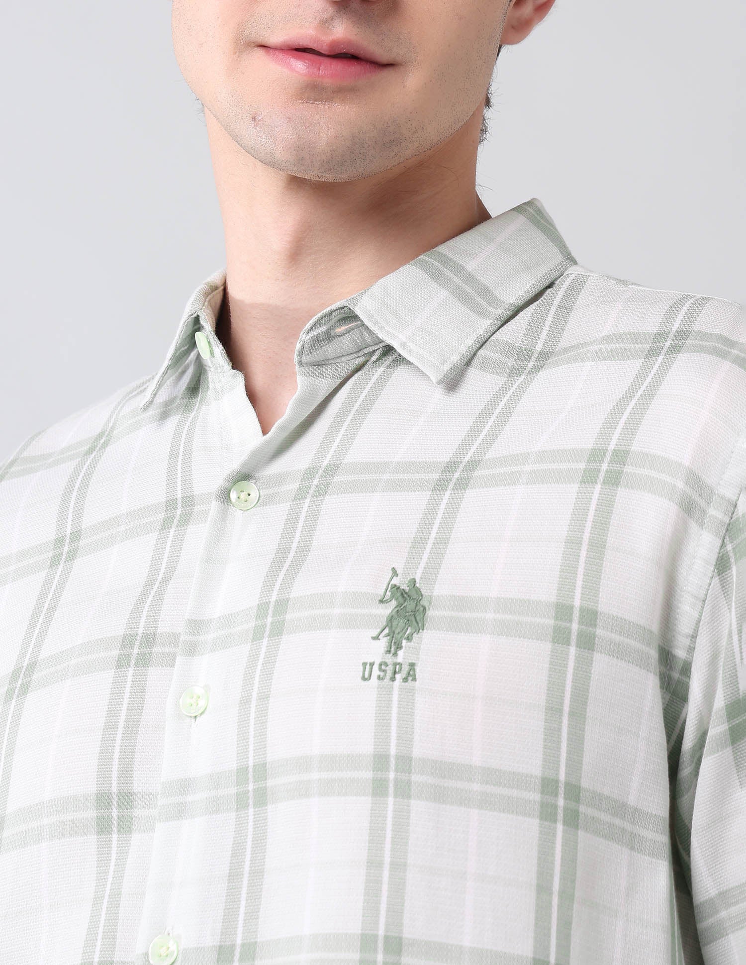 Grid Tattersall Checked Regular Fit Shirt Light Green - U.S. Polo Assn. India | Large