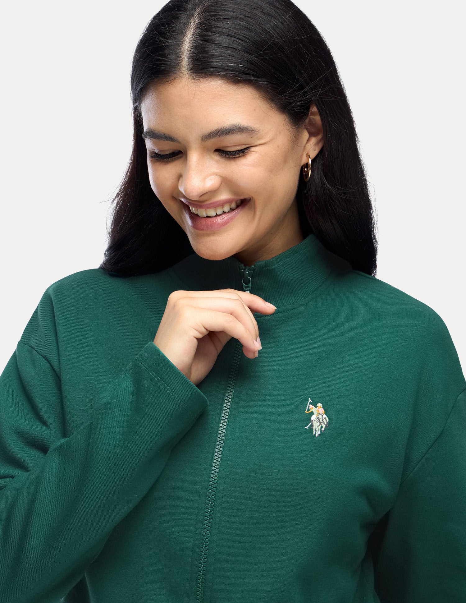 Solid Regular Fit Zipper Sweatshirt Dark Green - U.S. Polo Assn. India | Large