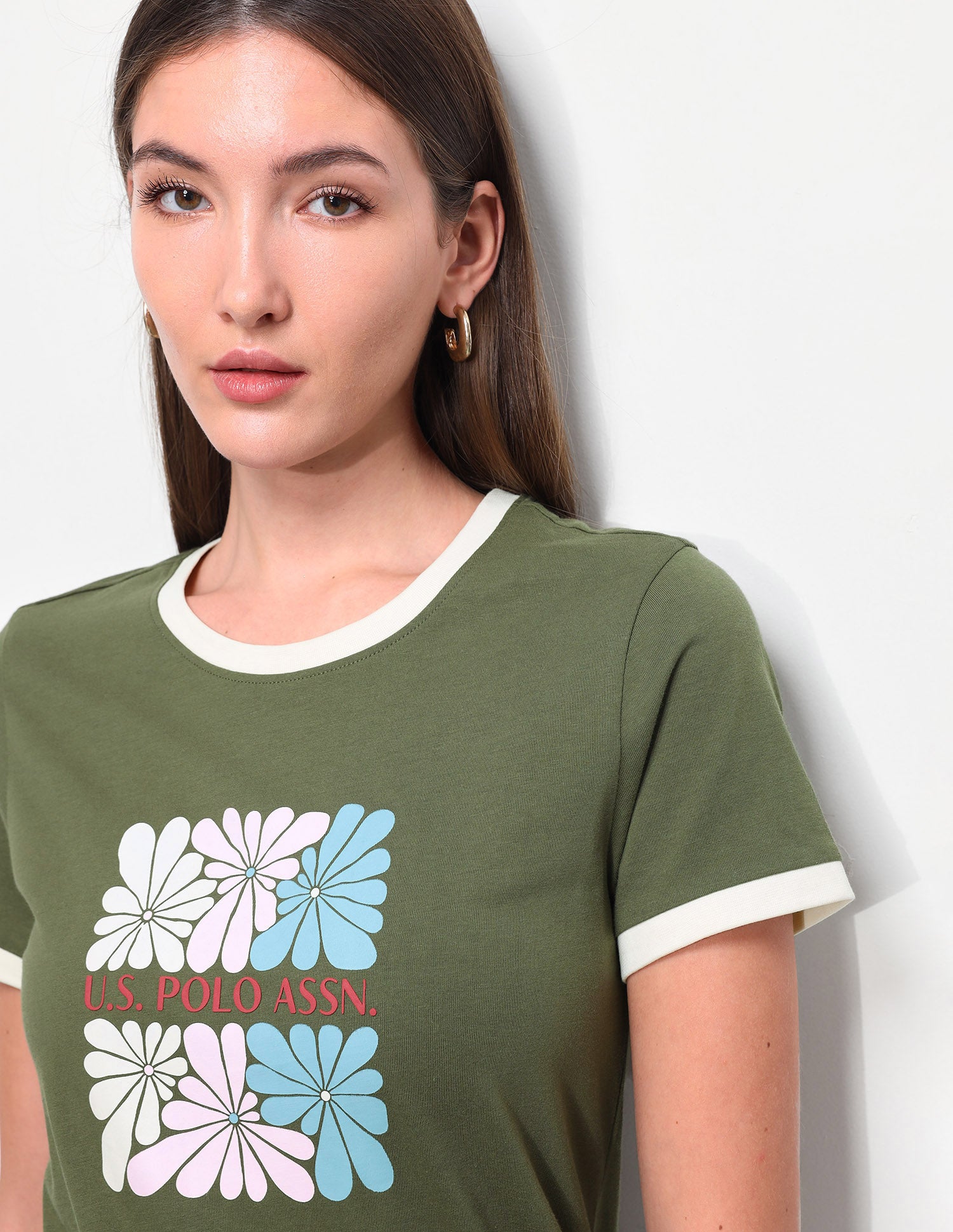 Floral Printed Regular Fit Ringer T-Shirt Olive - U.S. Polo Assn. India | Large
