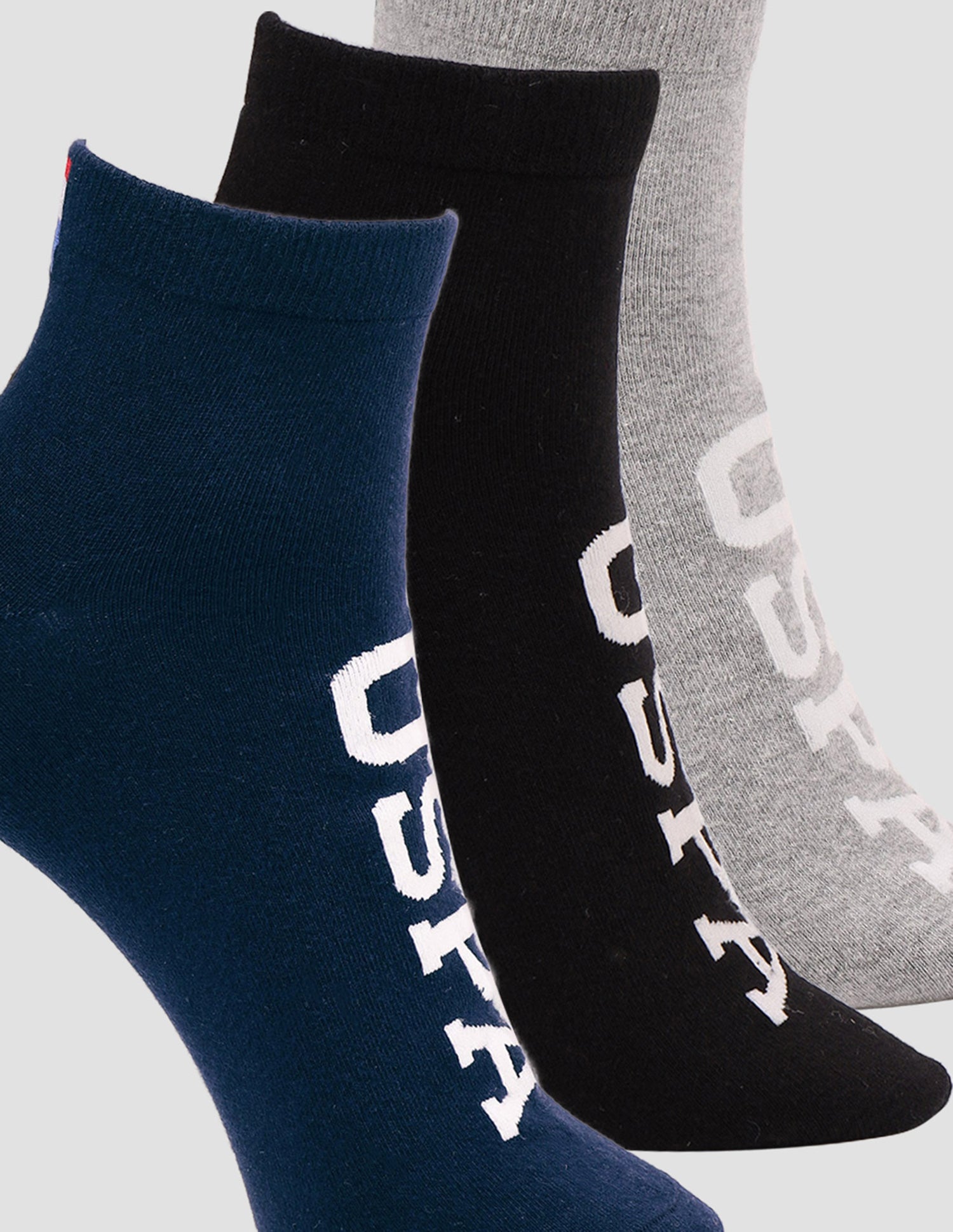 Brand Printed Cotton Stretch ES007 Socks - Pack Of 3 Black, Navy, Light Grey Mel - U.S. POLO ASSN. | Large