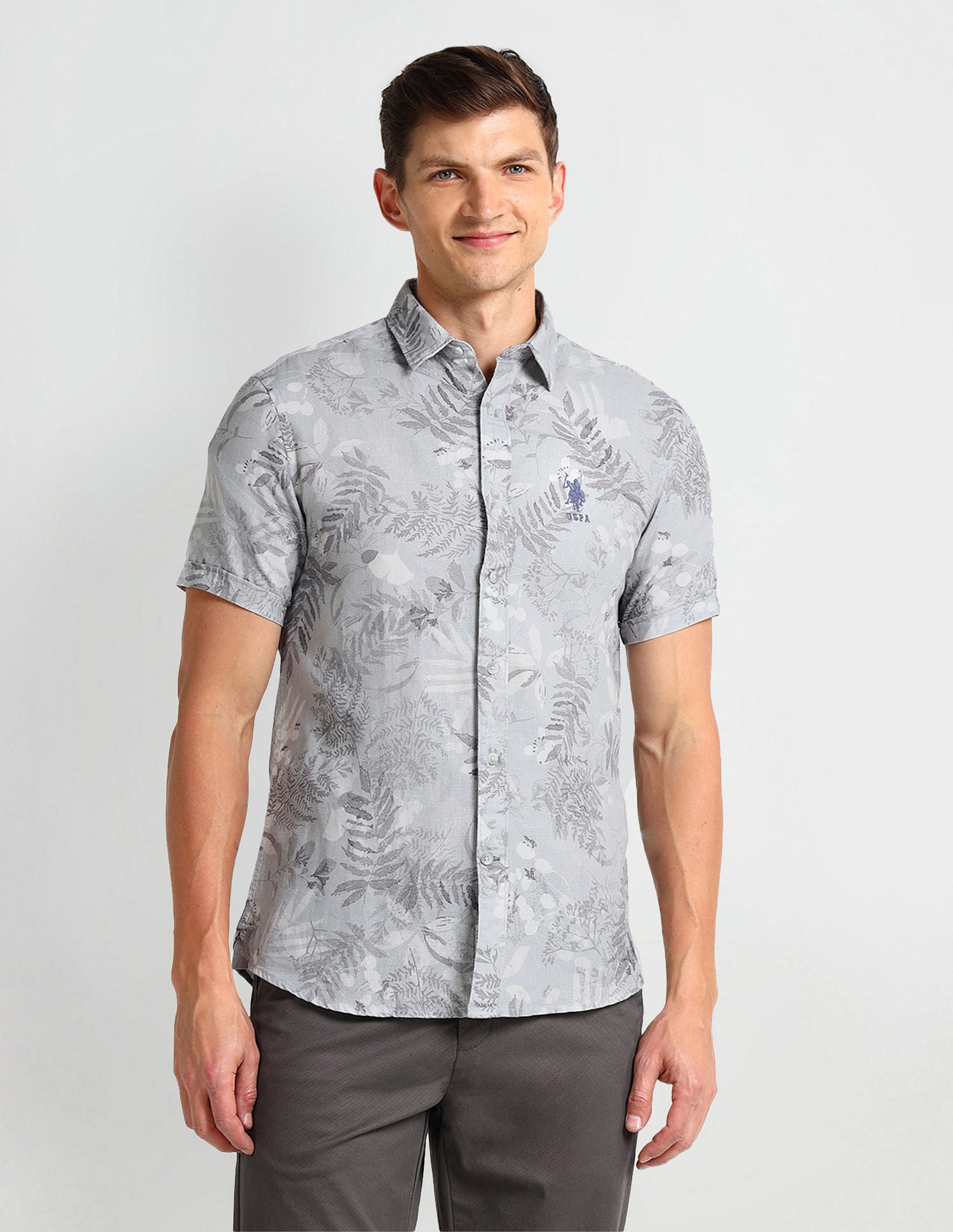 Slim Fit Tropical Print Shirt Grey - U.S. Polo Assn. India | Large