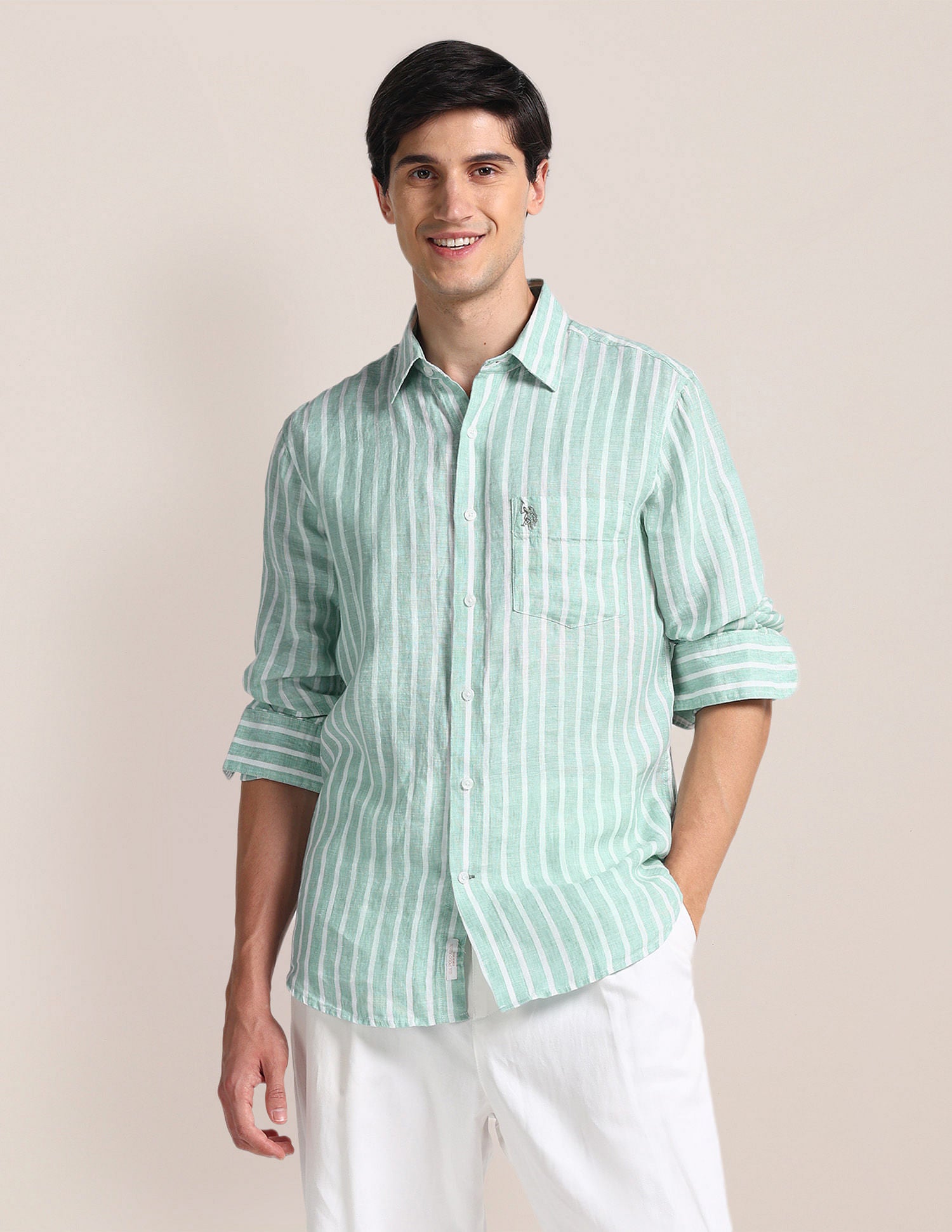 Vertical Stripe Linen Shirt Green - U.S. Polo Assn. India | Large