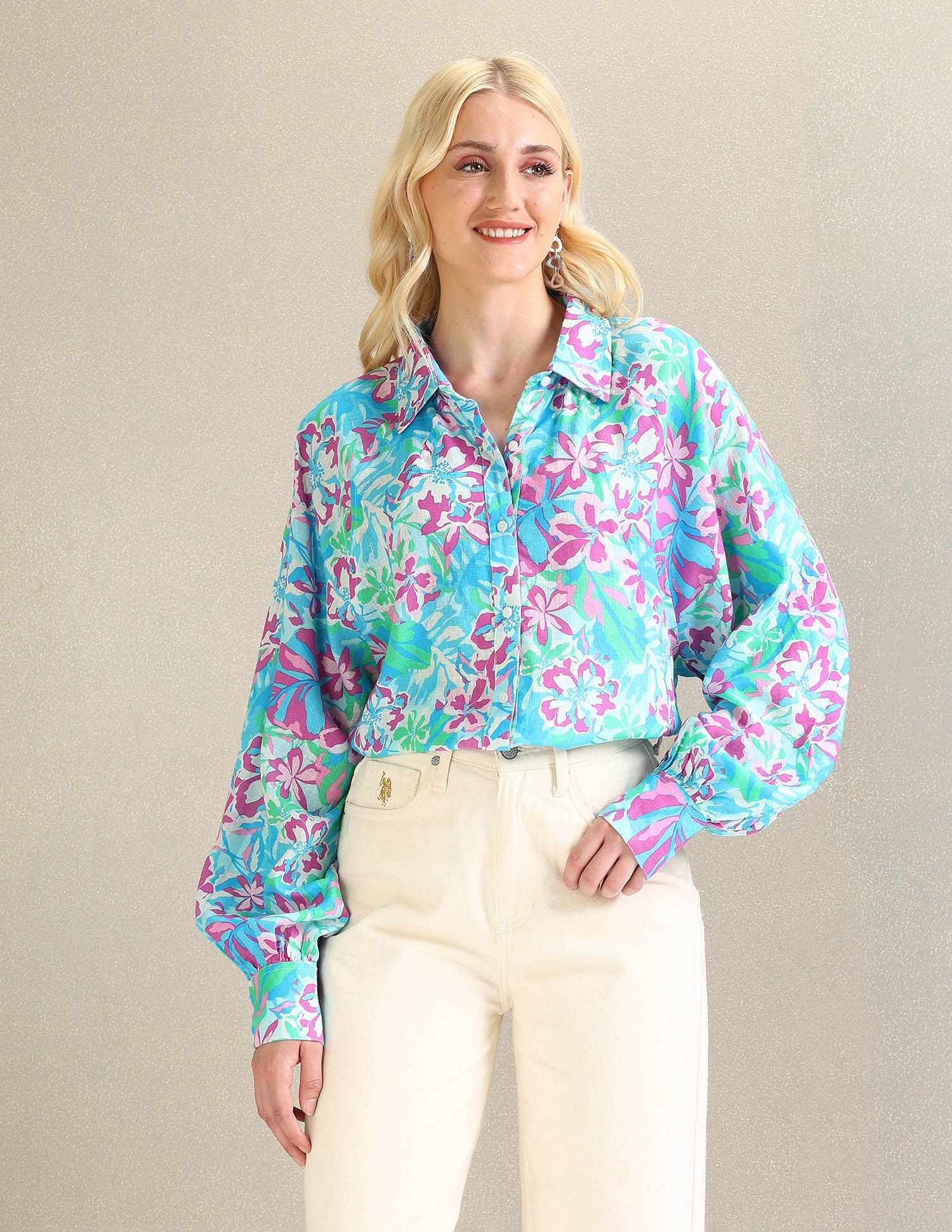 Cotton Raglan Sleeve Boyfriend Shirt Blue, Purple and Green - U.S. POLO ASSN. | Large