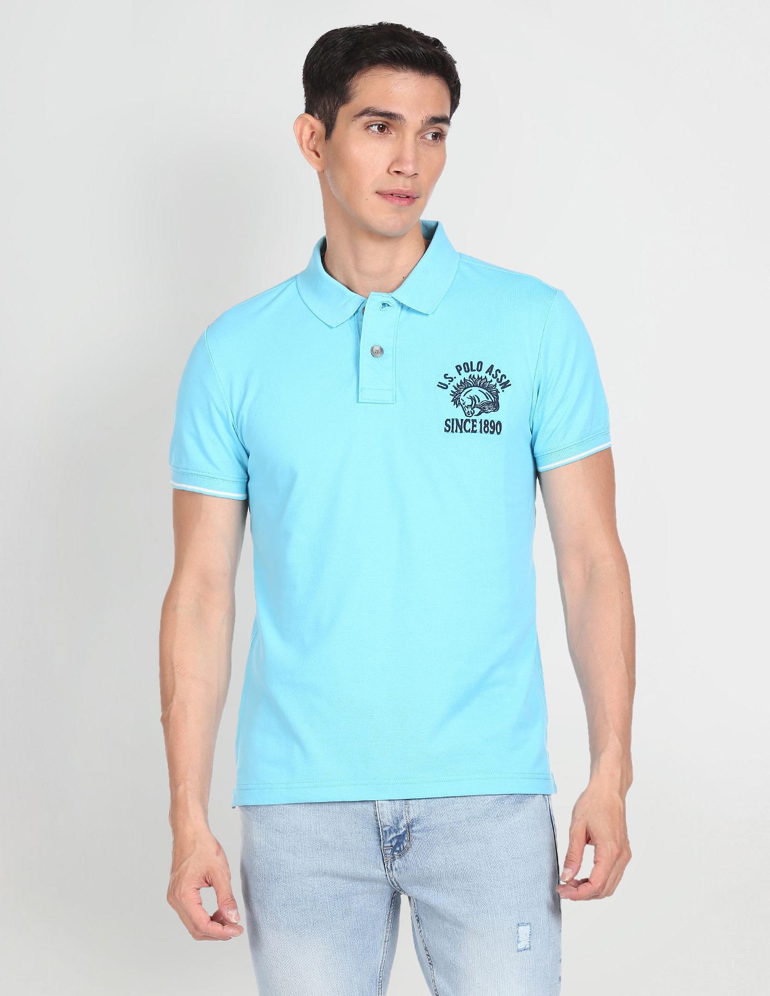 Men Ribbed Collar Logo Polo Shirt Blue - U.S. POLO ASSN. | Large