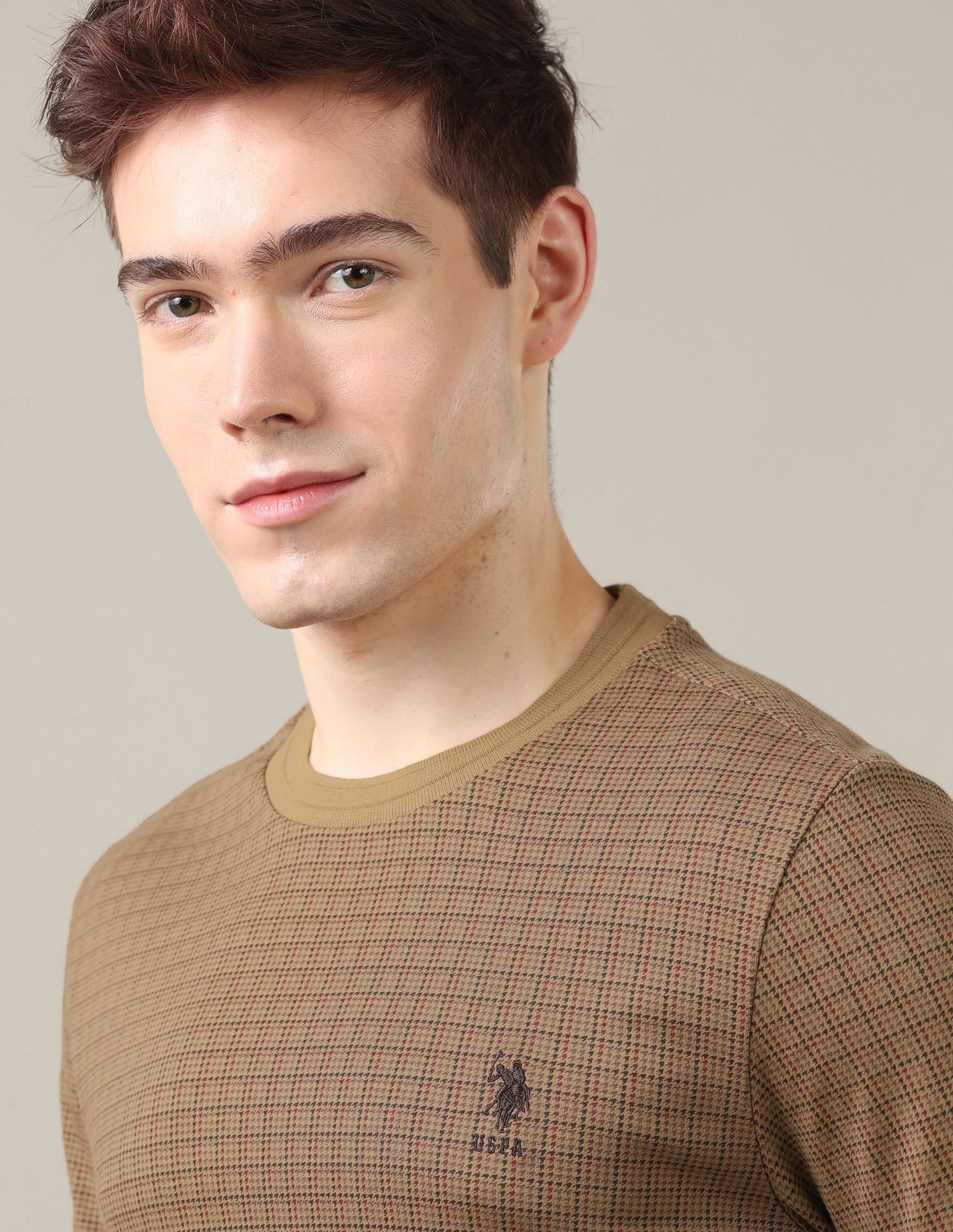 Houndstooth Printed Slim Fit T-Shirt Brown - U.S. Polo Assn. India | Large