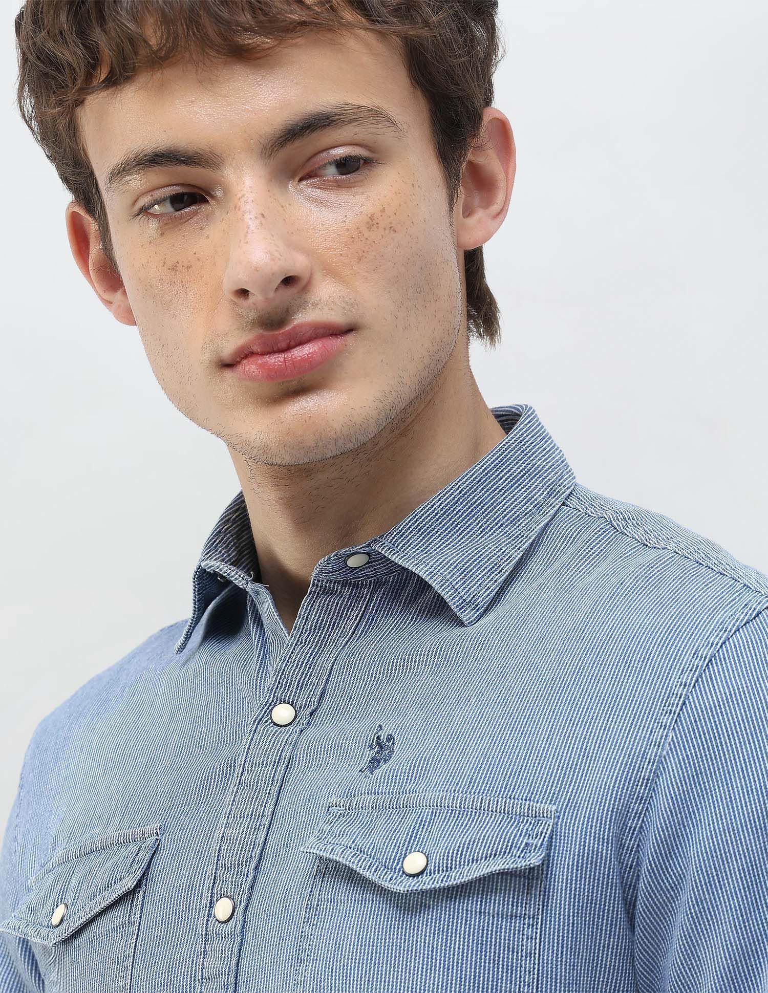 Regular Fit Self Design Vertical Striped Shirt Indigo - U.S. Polo Assn. India | Large