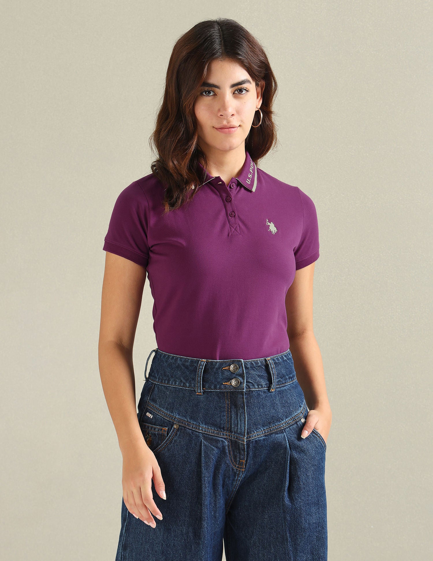 Logo Collar Pique Polo Shirt Purple - U.S. Polo Assn. India | Large