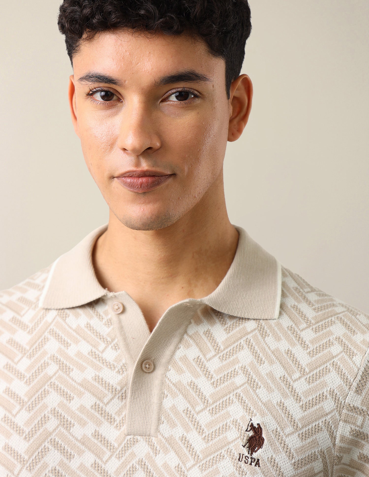 Geometric Patterned Knit Slim Fit Polo Shirt Beige - U.S. Polo Assn. India | Large