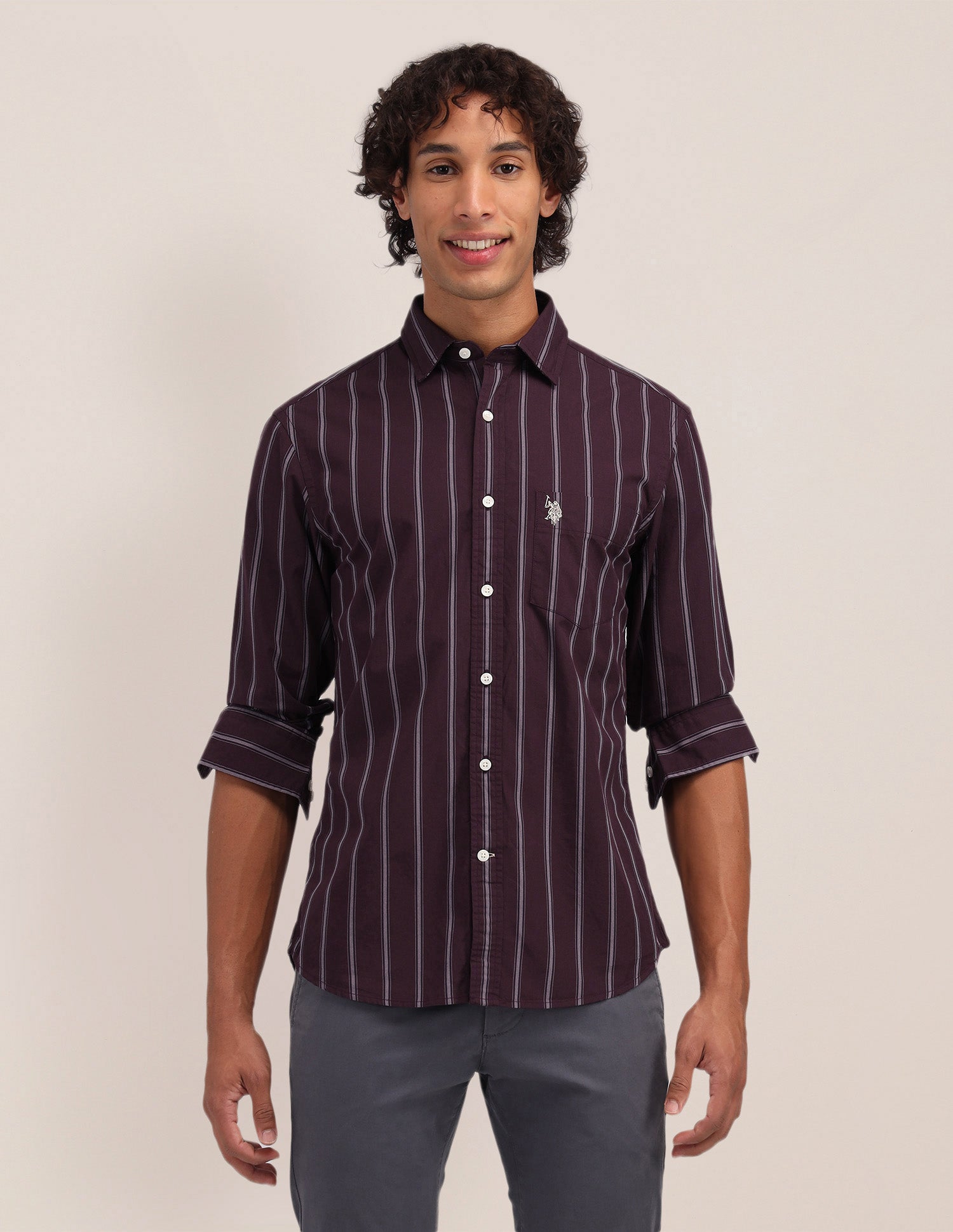 Vertical Striped Poplin Shirt Wine - U.S. Polo Assn. India | Large