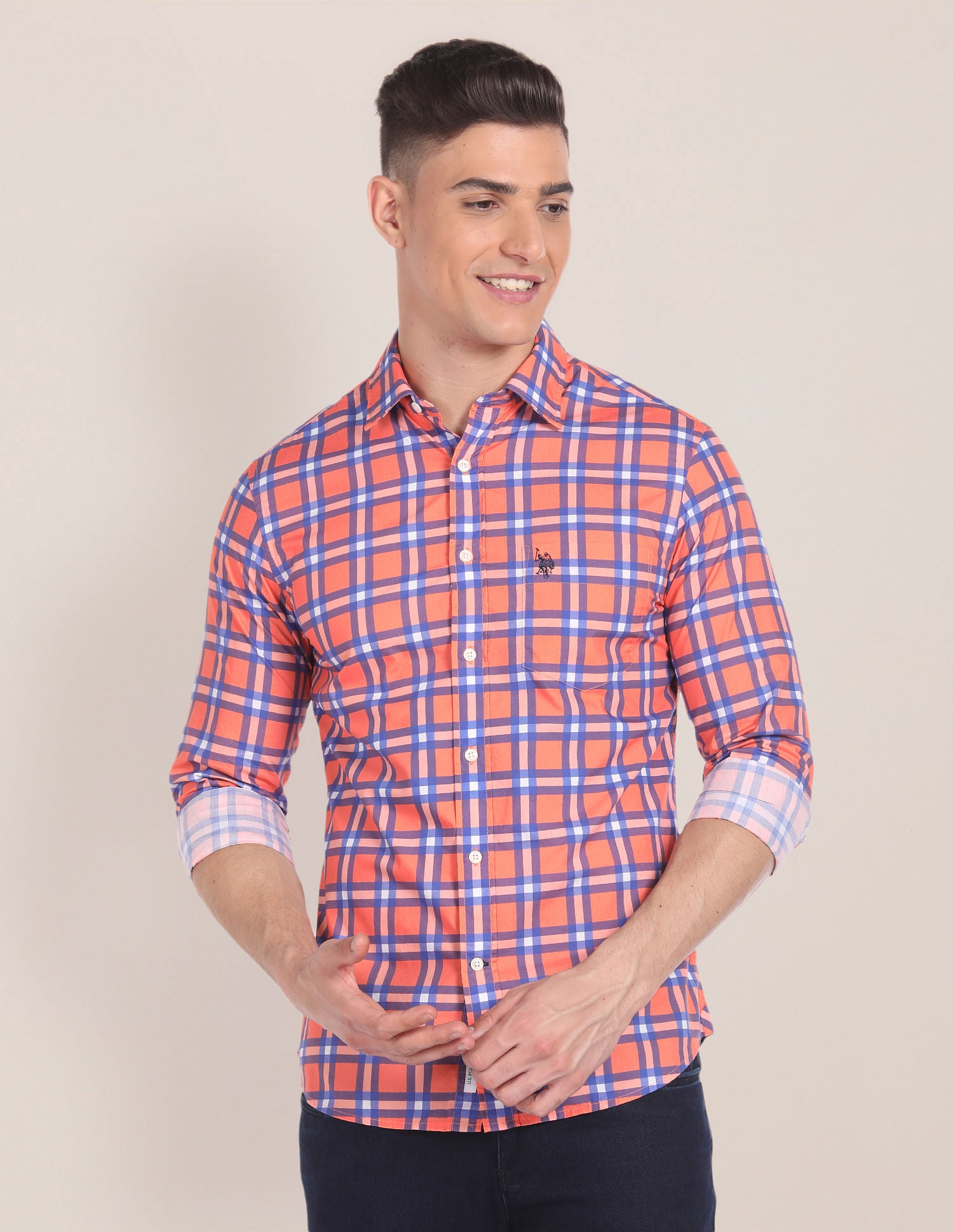 Tartan Check Cotton Shirt Orange - U.S. POLO ASSN. | Large