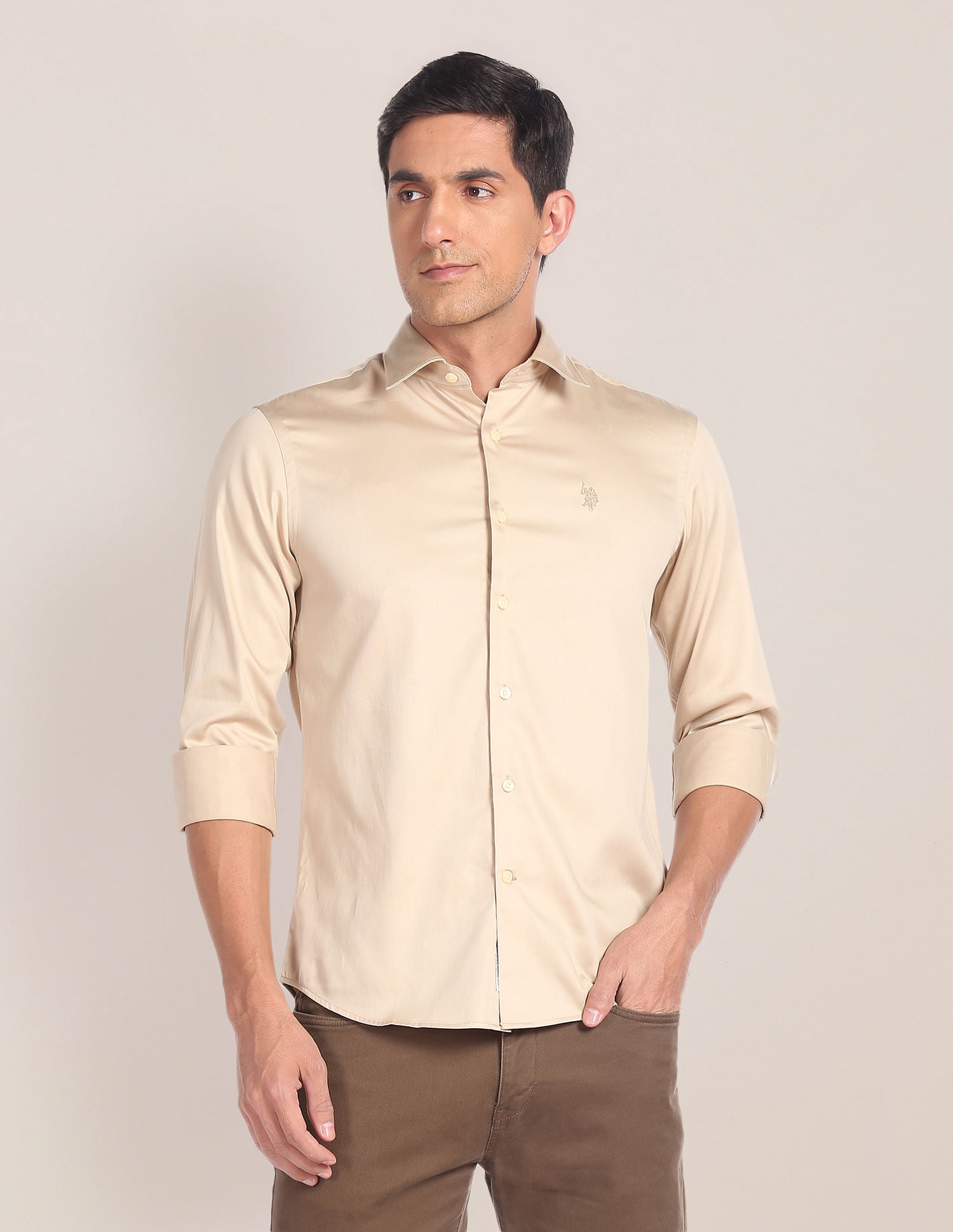 Cutaway Collar Solid Shirt Beige - U.S. POLO ASSN. | Large