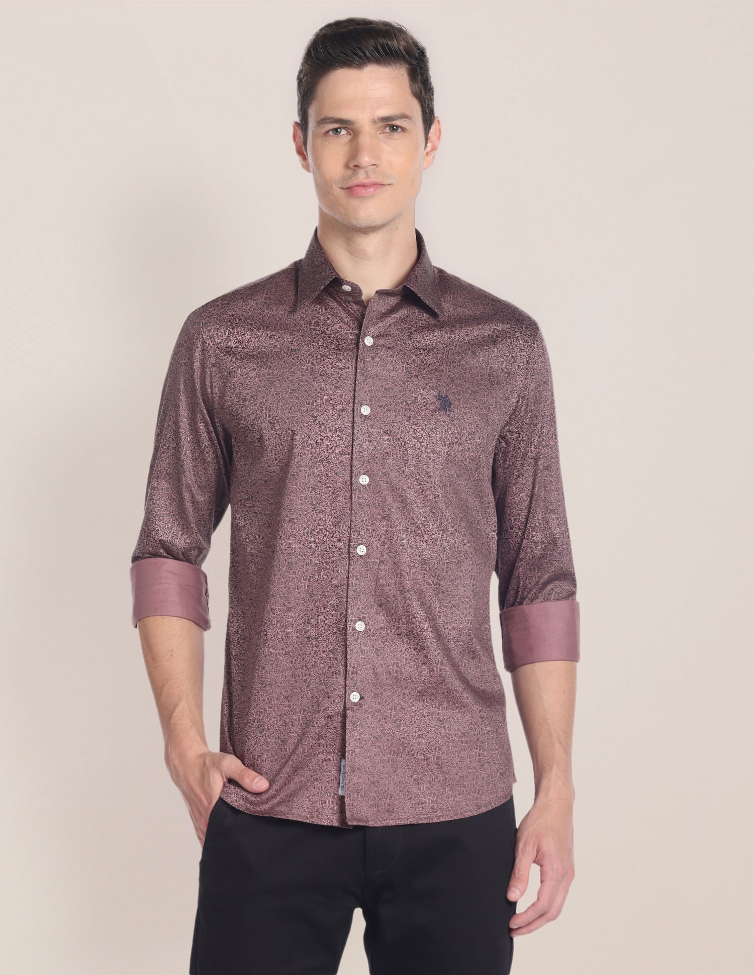 Cutaway Collar Geometric Print Shirt Brown - U.S. POLO ASSN. | Large