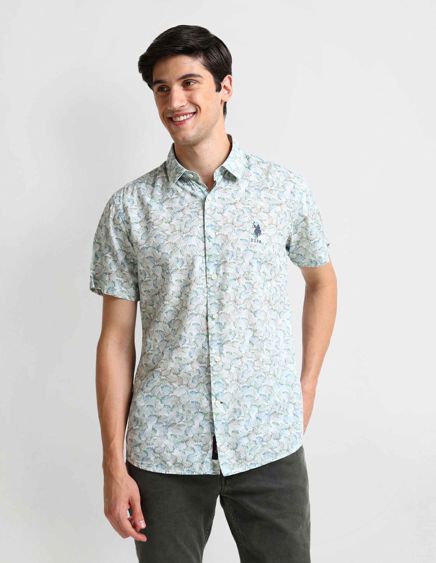 Tropical Print Slim Fit Shirt White and Aqua - U.S. Polo Assn. India | Large