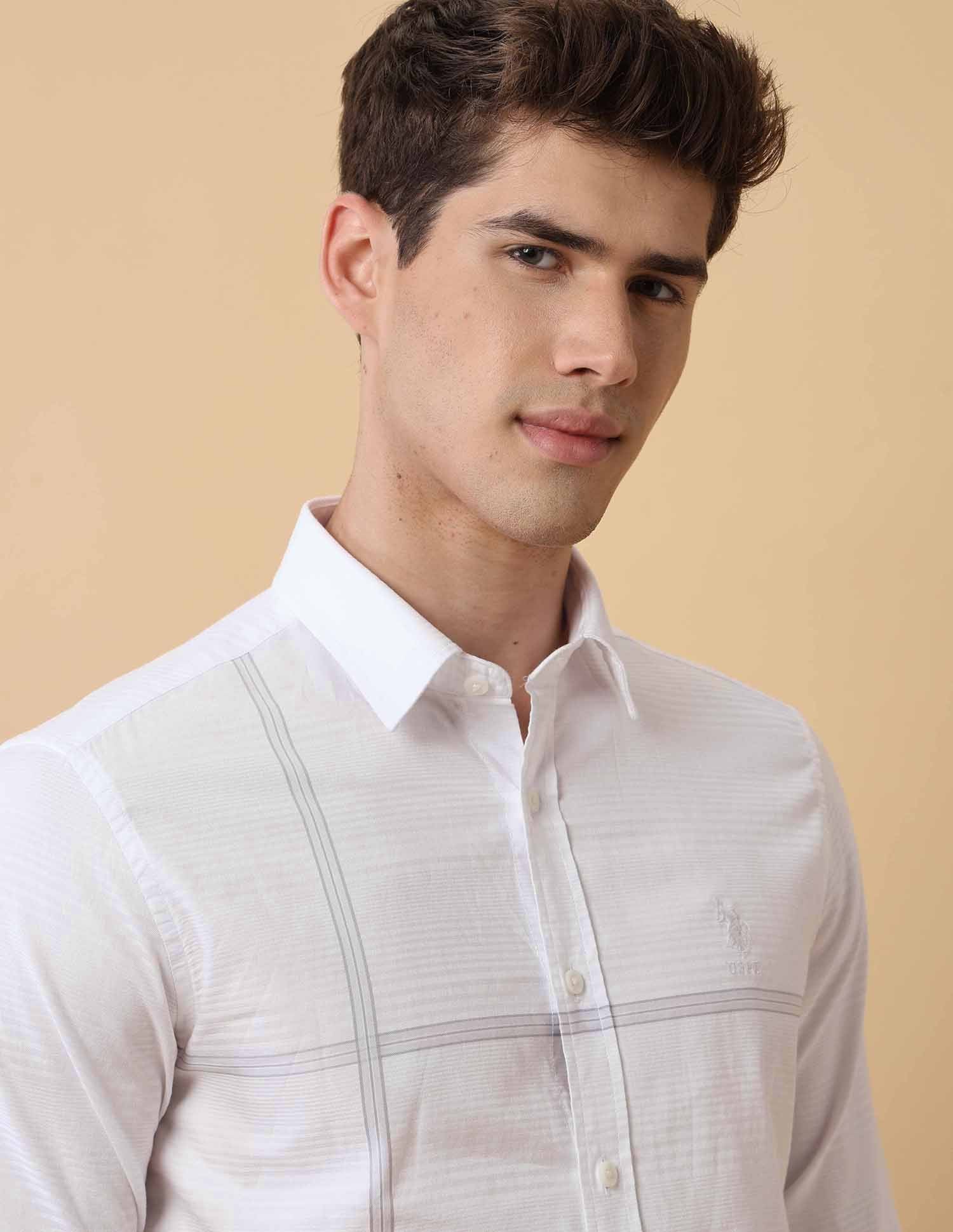 Textured Horizontal Striped Regular Fit Shirt Light Grey - U.S. Polo Assn. India | Large