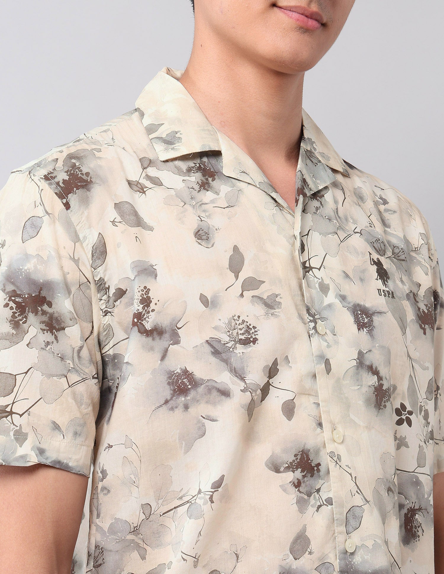 Floral Printed Relaxed Fit Shirt Light Khaki - U.S. Polo Assn. India | Large