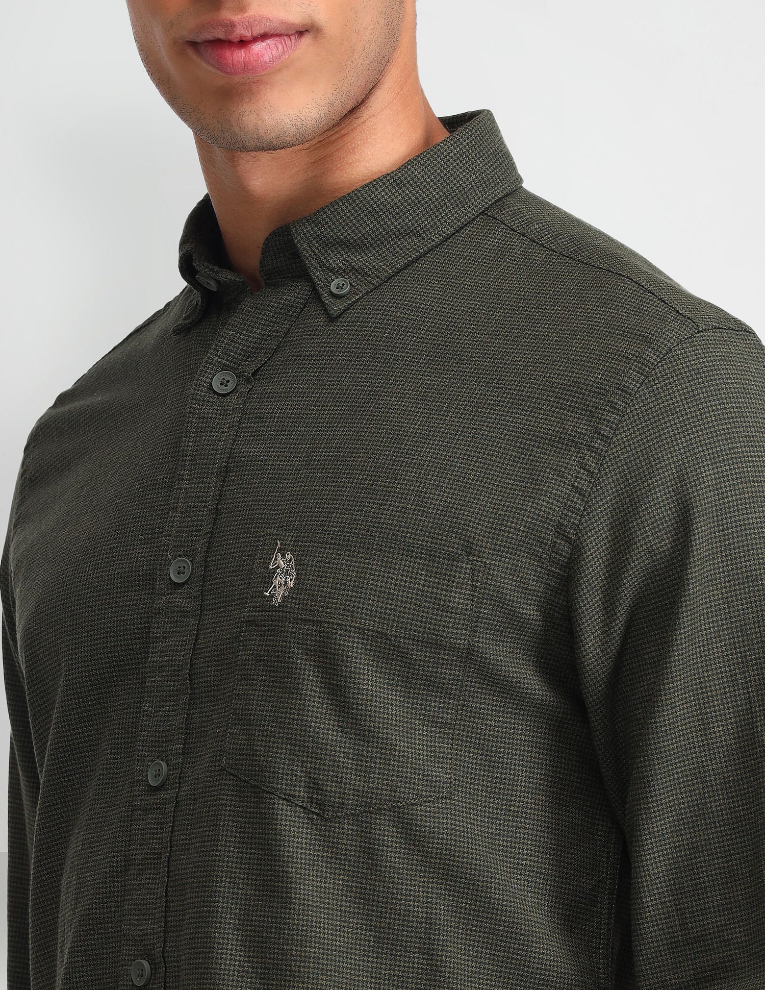 Micro Checked Slim Fit Shirt Dark Green - U.S. Polo Assn. India | Large